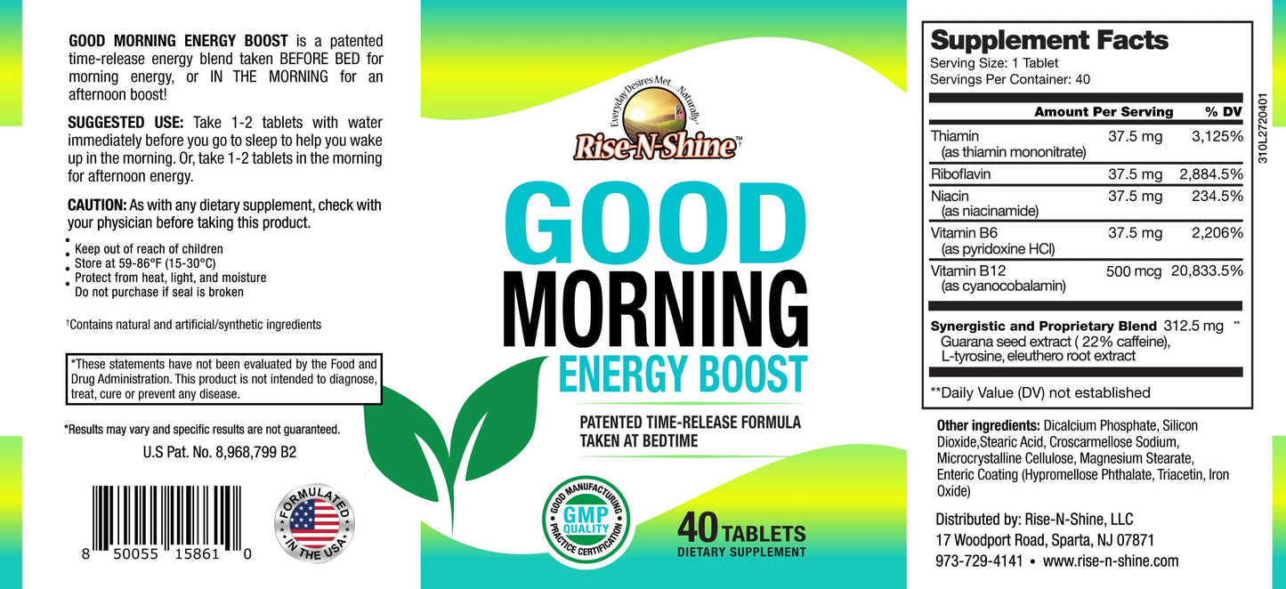 Rise-N-Shine Good Morning Energy Boost, Focus and Alertness Support Supplement with B12, Guarana, L-Tyrosine, Ginseng Tablet, 40 Count