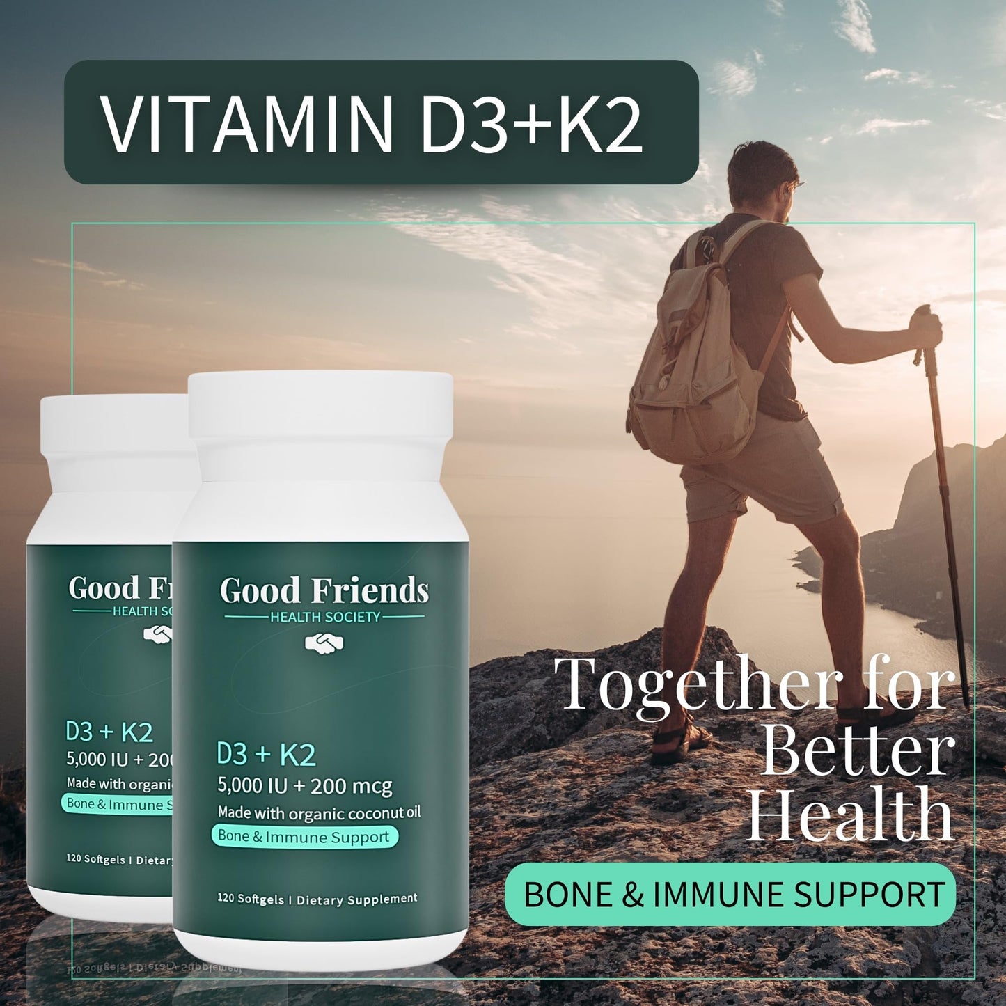 Good Friends Health Society Vitamin D3 5000 IU + Vitamin K2 200 mcg Softgels 120
