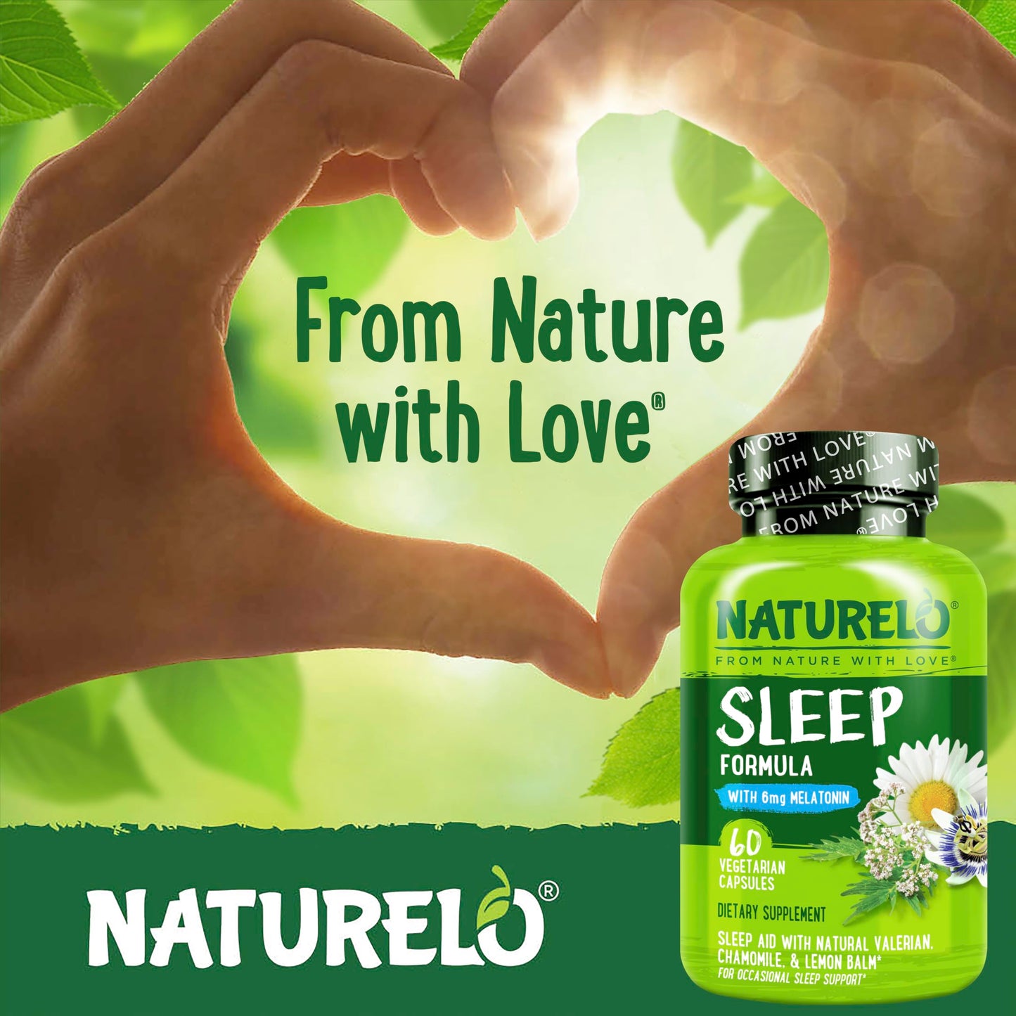 NATURELO Sleep Aid with Melatonin, Magnesium, GABA, Valerian Root, Lemon Balm, Chamomile Herbal Extracts, 60 Capsules