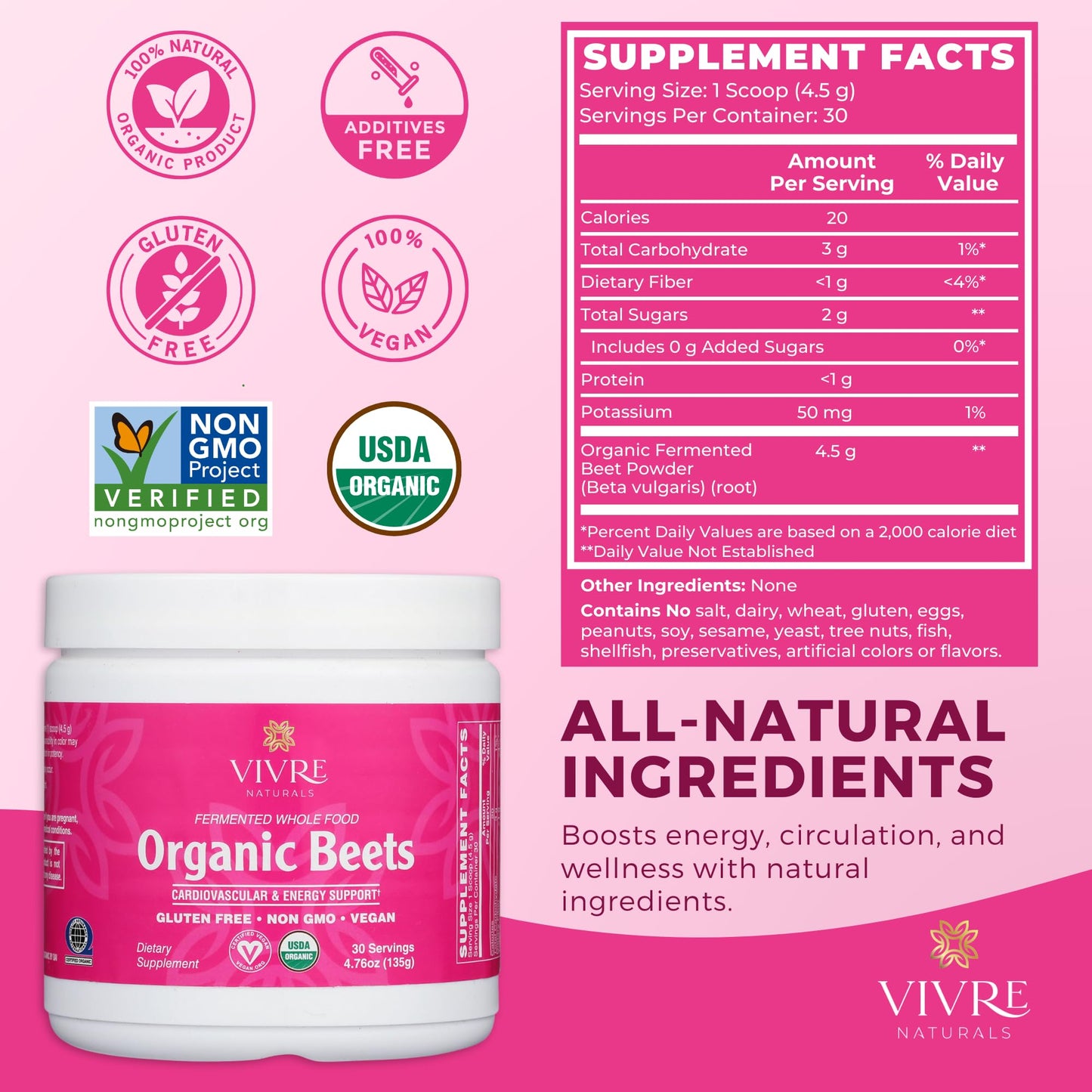 Vivre Naturals Fermented Whole Food Organic Beet Powder, 30 Servings