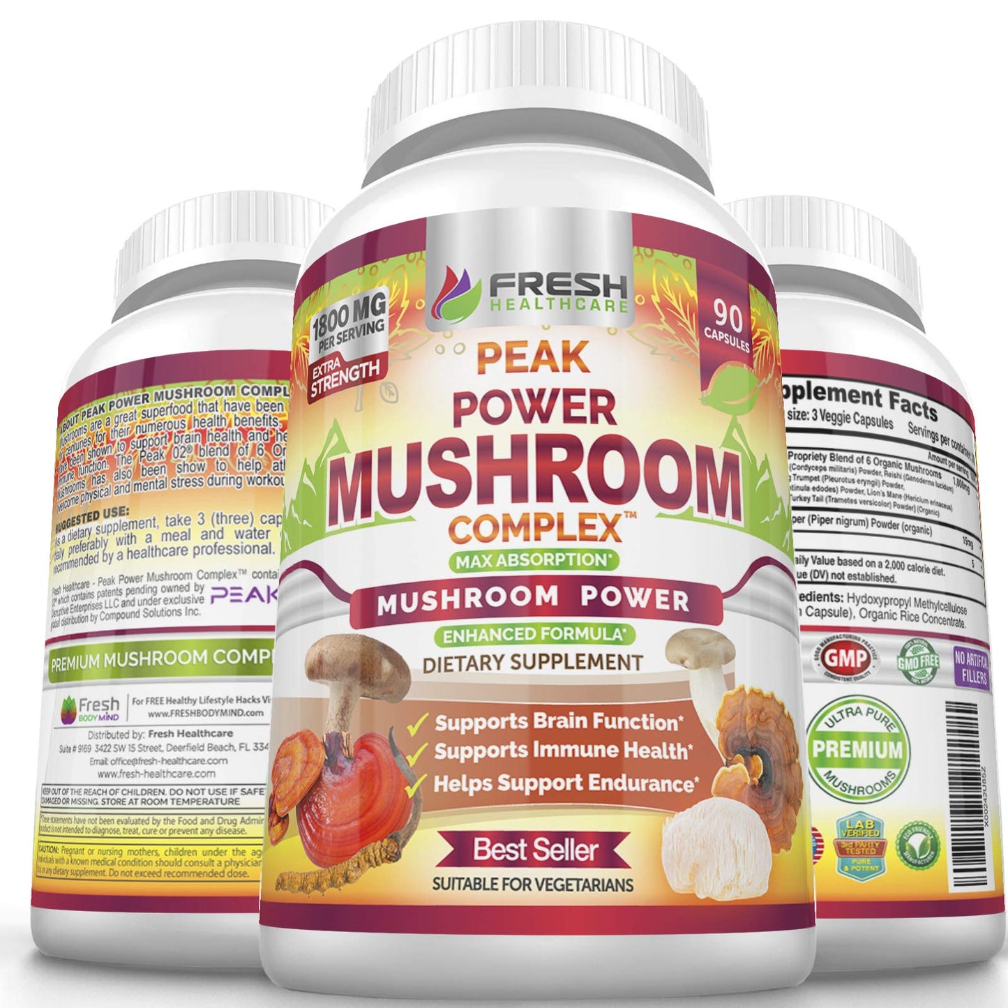FRESH HEALTHCARE Mushroom Supplement with Lion's Mane, Cordyceps, Reishi, Turkey Tail, Shiitake - 90 Capsules