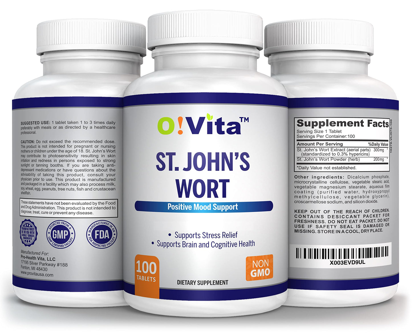 O!VITA St. John's Wort 500mg Tablet, 100 Count