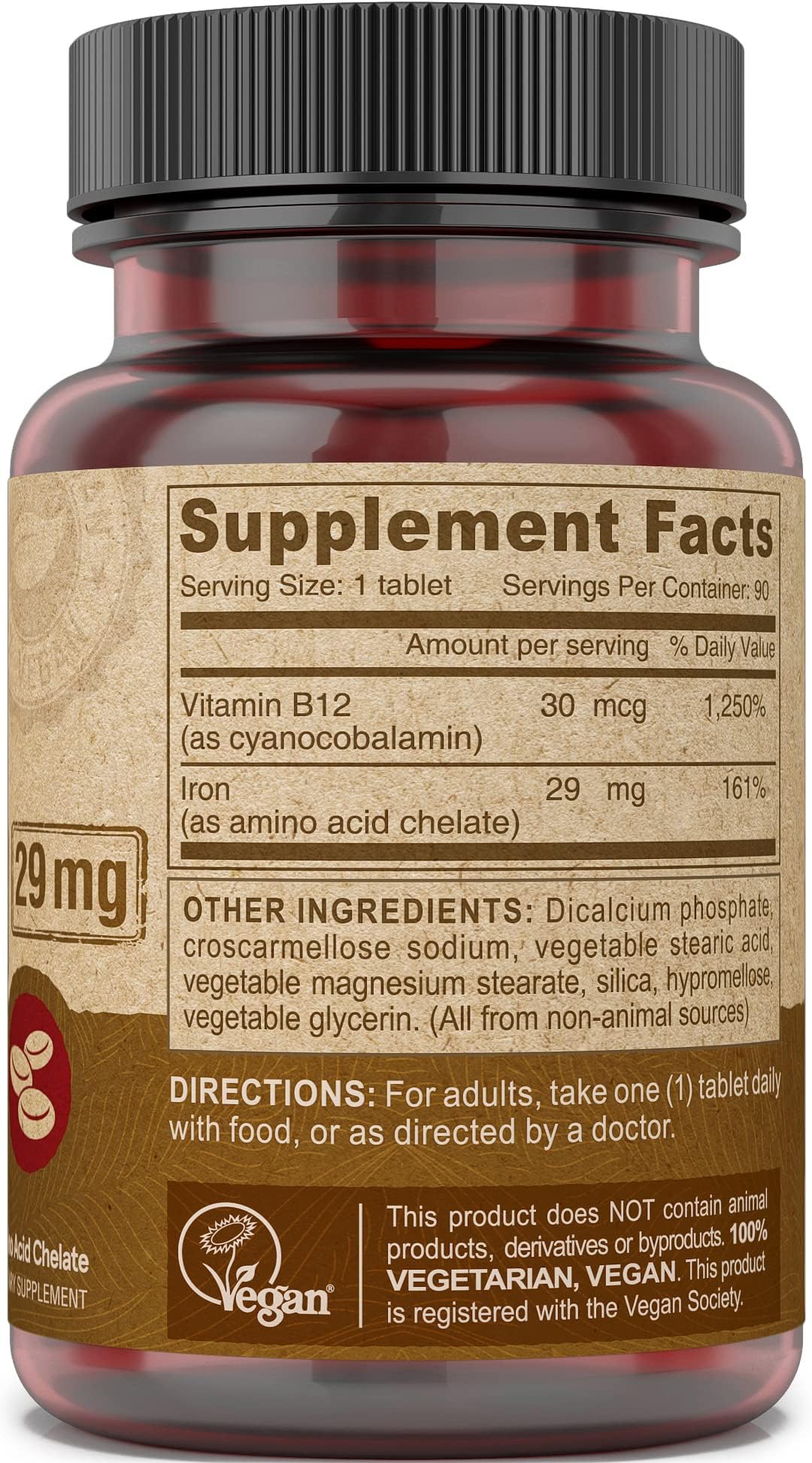 DEVA Vegan Chelated Iron 29 mg Fortified with B-12 - High Potency, Easy to Swallow, 180 Tablets