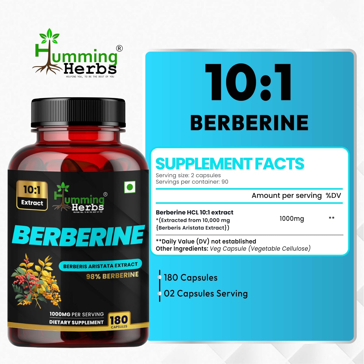 Humming Herbs Berberine 1000mg – Berberis Aristata Extract 10:1 Standardized to 98% Purity, 180 Capsules