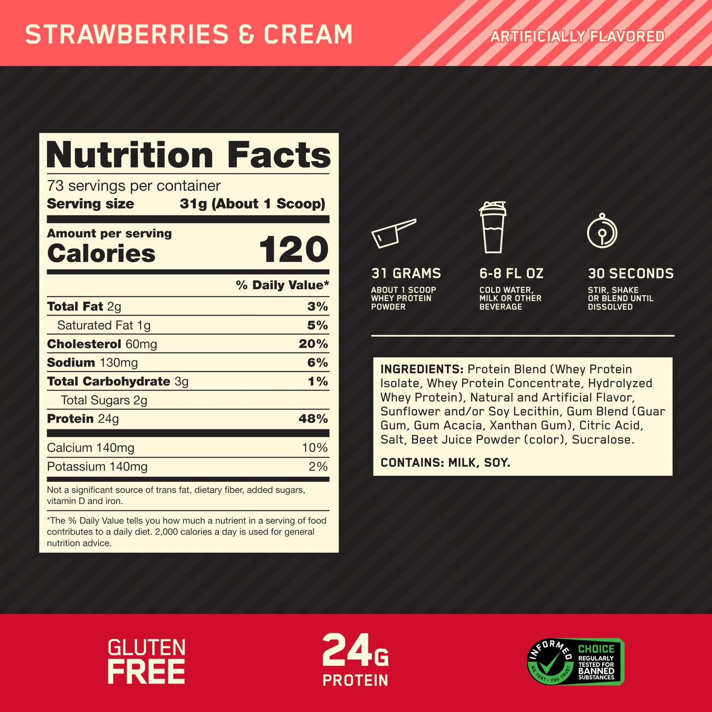 Optimum Nutrition Gold Standard 100% Whey Protein Powder, Strawberries & Cream, 80 Servings