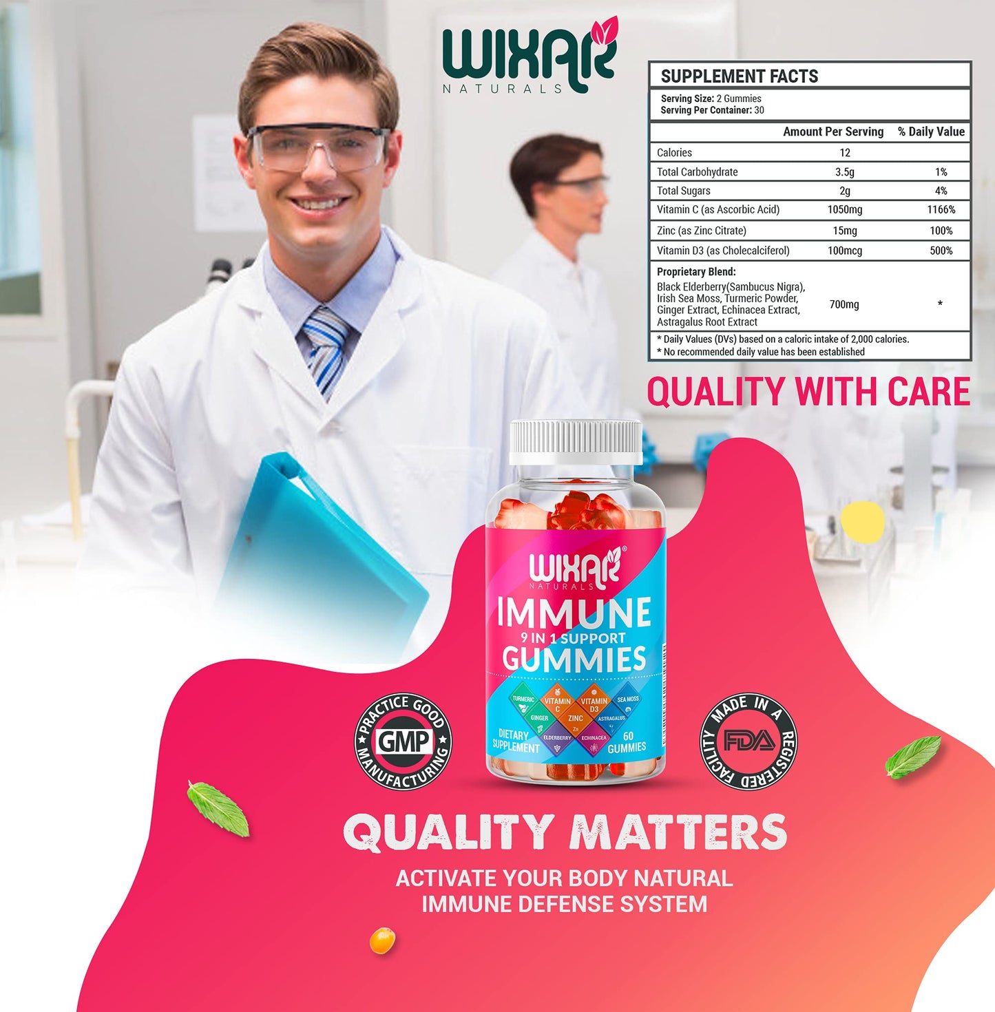 WIXAR NATURALS 9 in 1 Immune Support Gummies with Elderberry, Vitamin C&D, Zinc, Turmeric, Ginger, Echinacea, Astragalus & Sea Moss, 60 Gummies