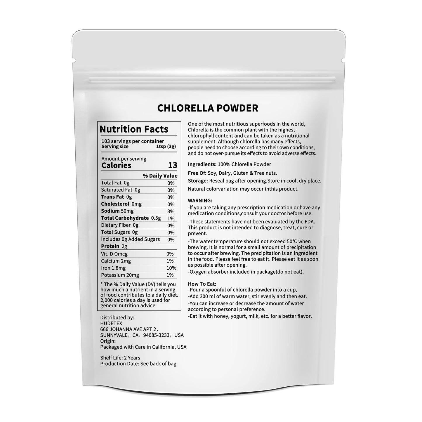 Hudetex Chlorella Powder Natural 10.98 Ounce