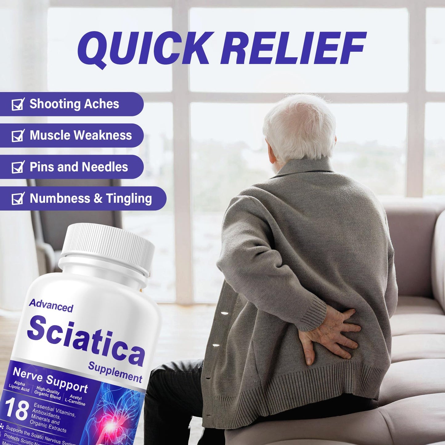 HUNJIXQ Sciatica Pain Soothing Sciatica Ease Supplements with Alpha Lipoic Acid & Vitamin B Complex, 18-in-1 Premium Capsules, Maintain Bone Health, 120 Count