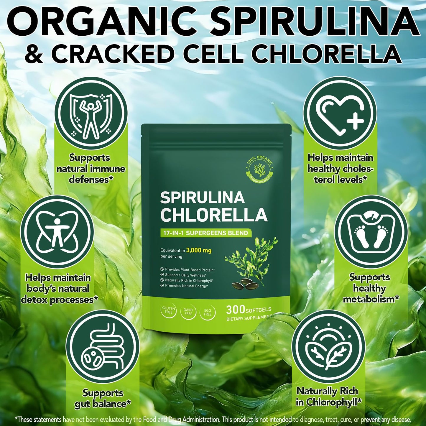 bnHUlMXw Organic Spirulina Chlorella Softgels, 300 Count