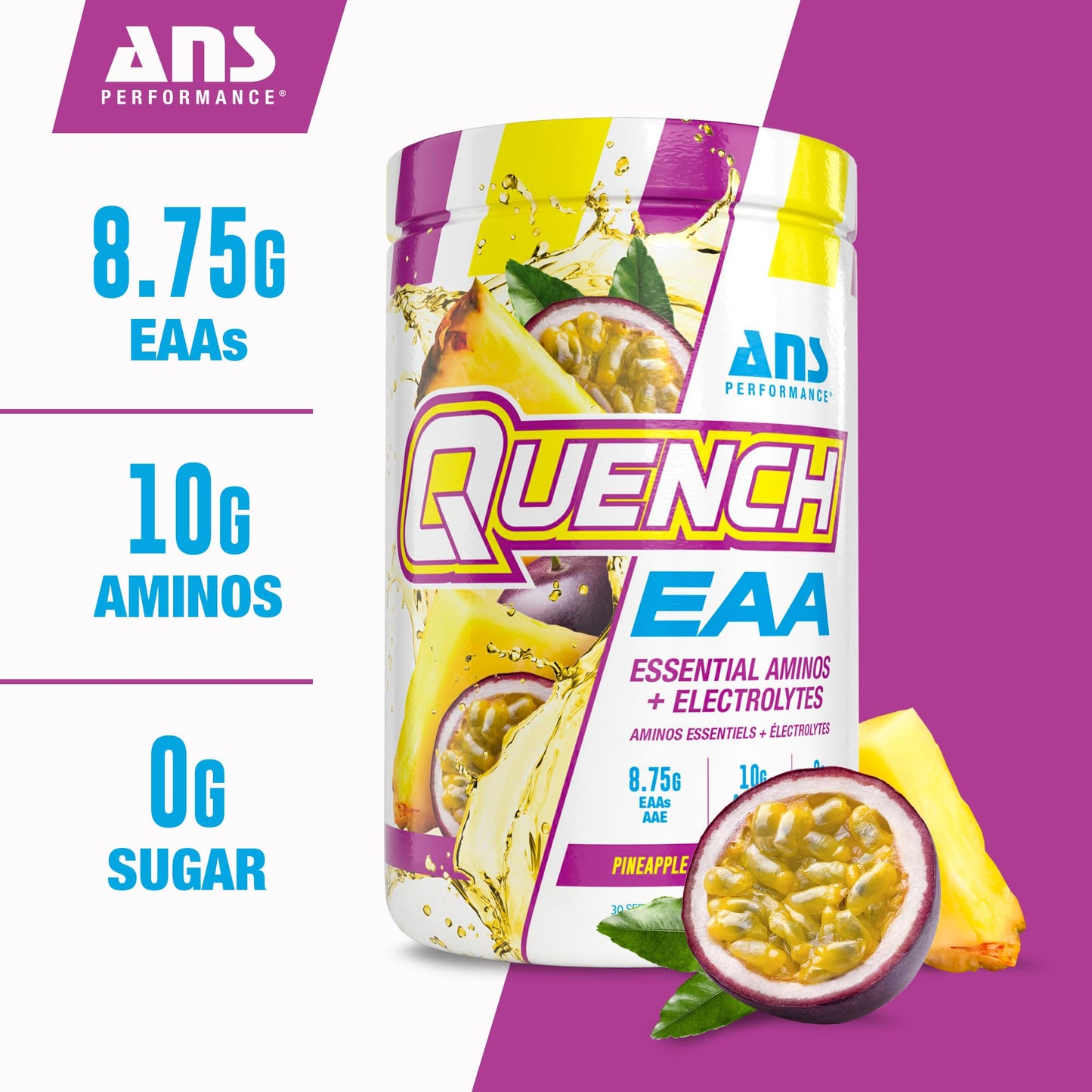ANS Performance Quench EAA Aminos + Electrolytes Powder 14.6 Ounce Pineapple Passionfruit