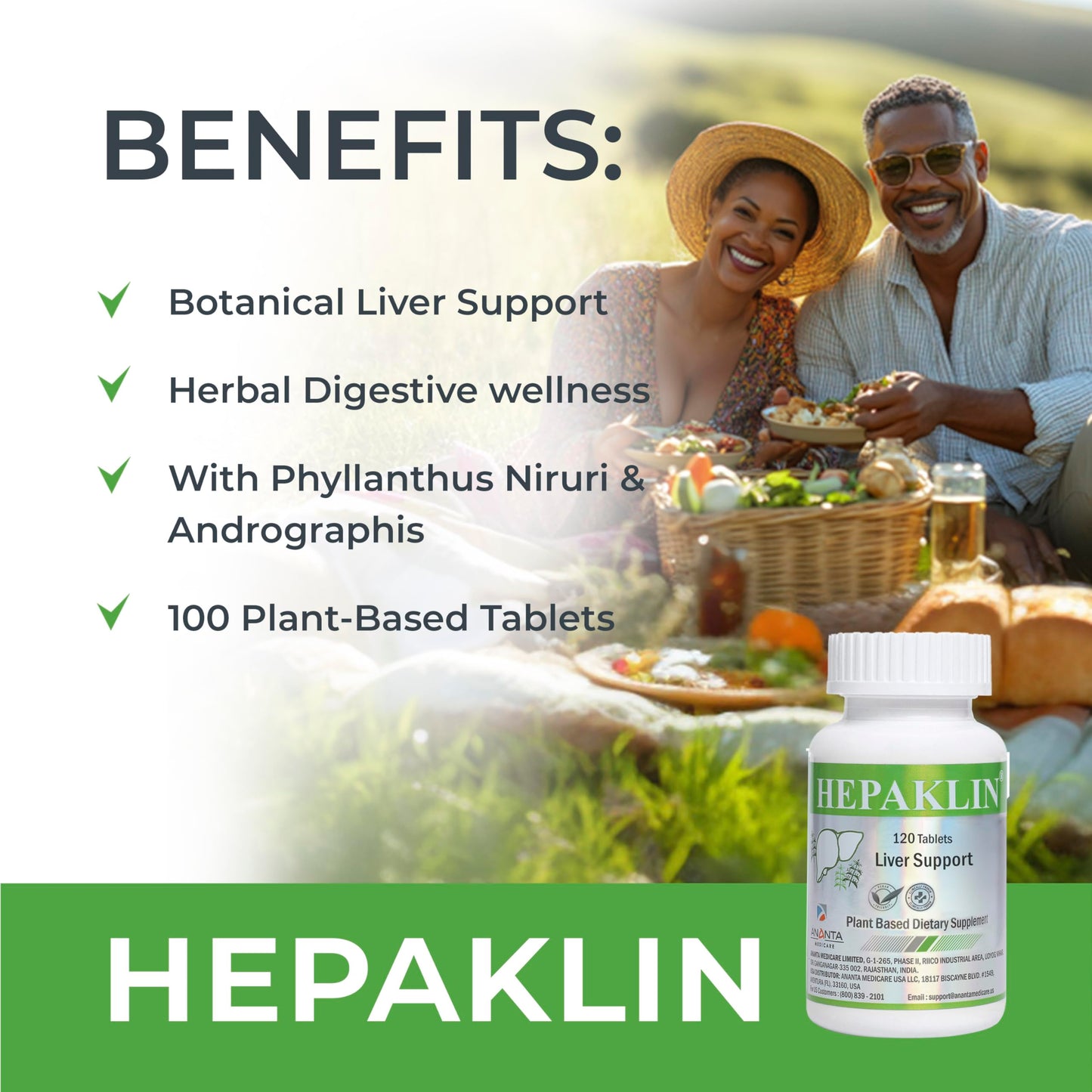 Ananta Medicare USA Hepaklin - Herbal Liver Health Supplement, Supports Detoxification, Liver Function & Digestive Wellness, 120 Tablets