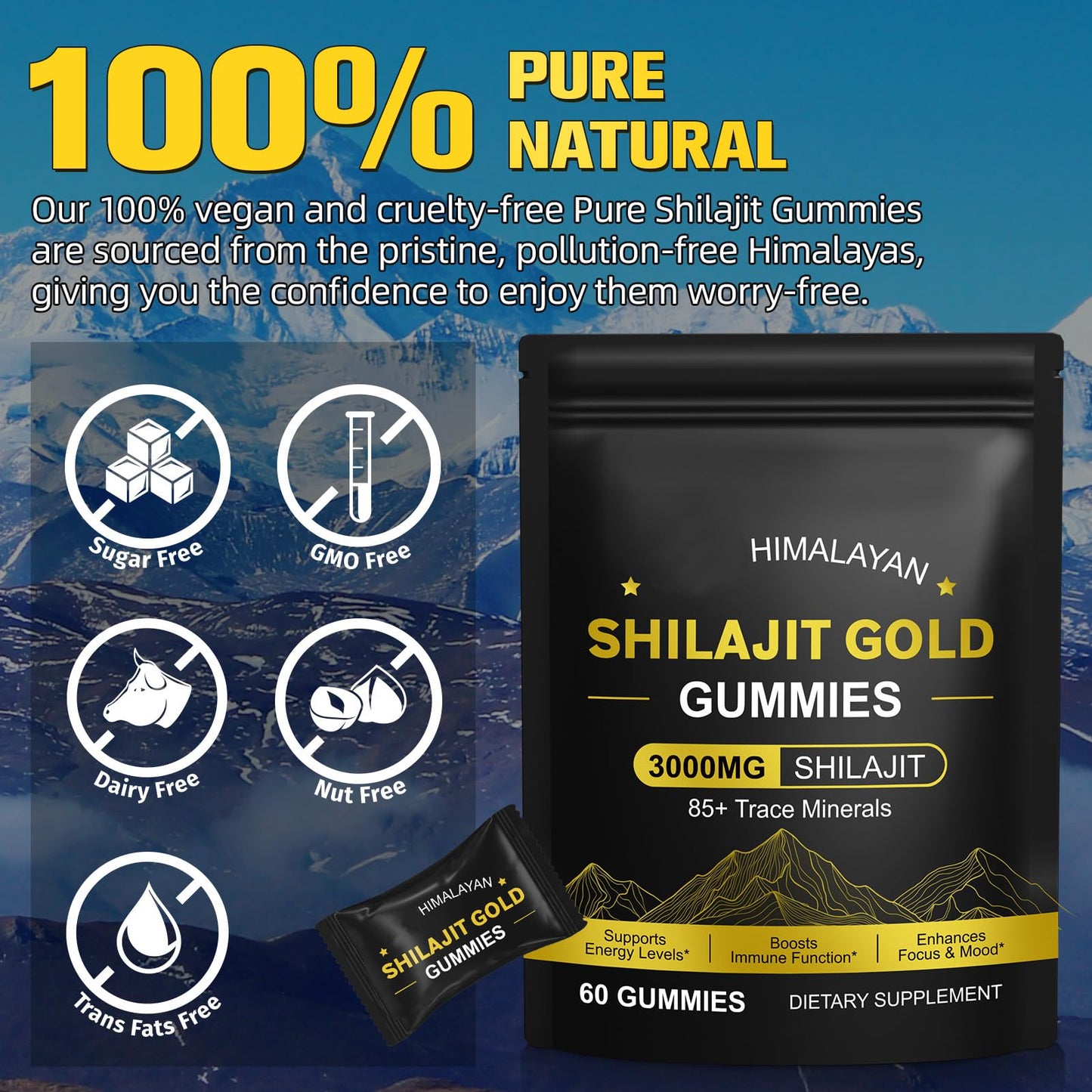IRSRDOQU Shilajit Gummies for Men & Women, Pure & Natural Himalayan Gold Shilajit, Energy Boost, Immune Support & Helps Muscle Recovery, 60 Gummies