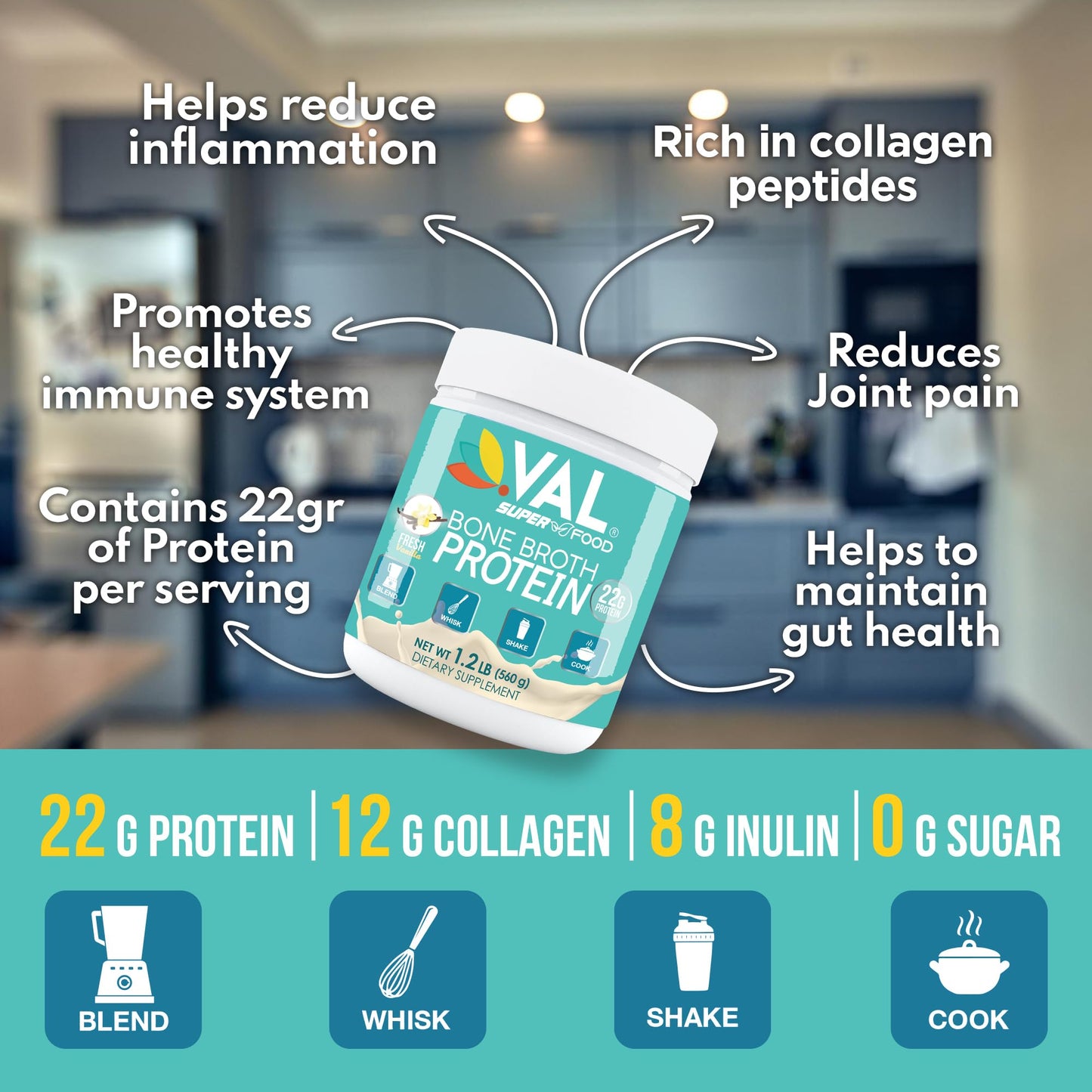 VAL Bone Broth Protein Powder Chicken Flavor 16 Servings