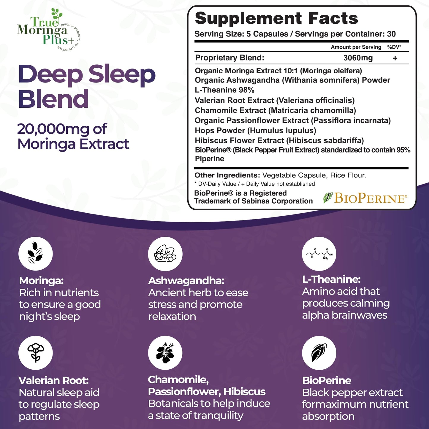 True Moringa Plus+ Sleep Support Supplement 10:1 Extract Capsules, 150 Count