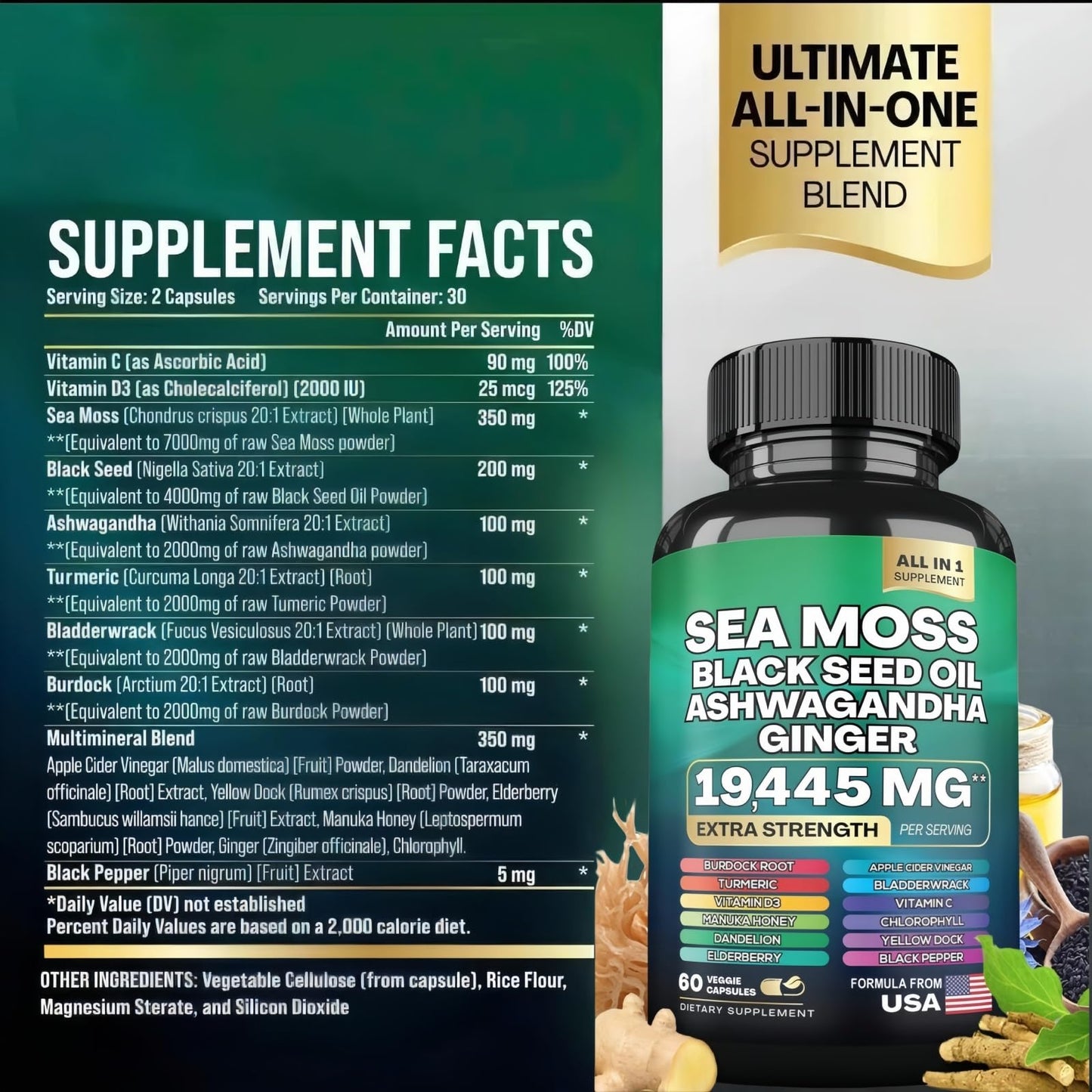 HealthyFinds Sea Moss Black Seed Oil Ashwagandha Ginger Capsules with Turmeric, Bladderwrack, Burdock, Vitamin C & D3, Elderberry, Manuka, Dandelion, Yellow Dock, Iodine, Chlorophyll, ACV, 60 Capsules