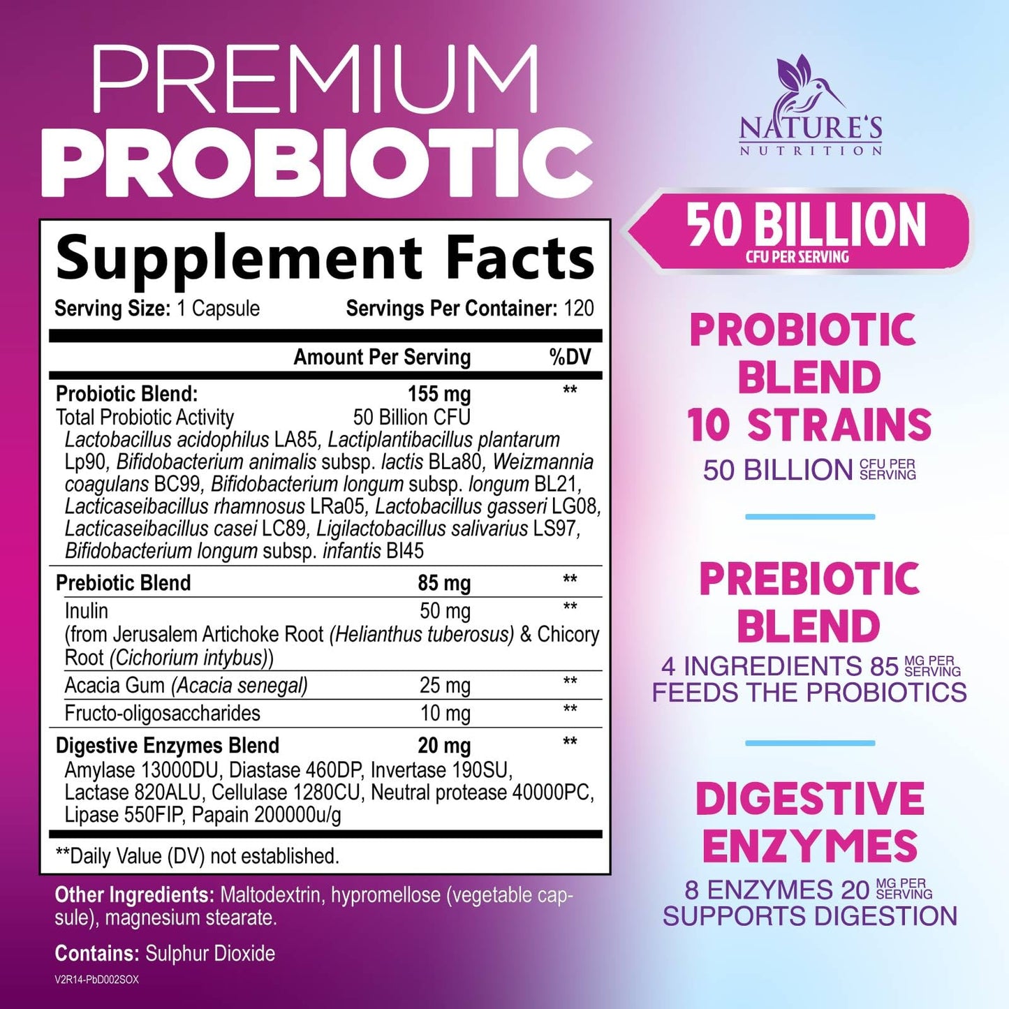 Nature's Nutrition Probiotics Capsule 120 Count - 50 Billion CFU per Capsule, 10 Strains & Prebiotics