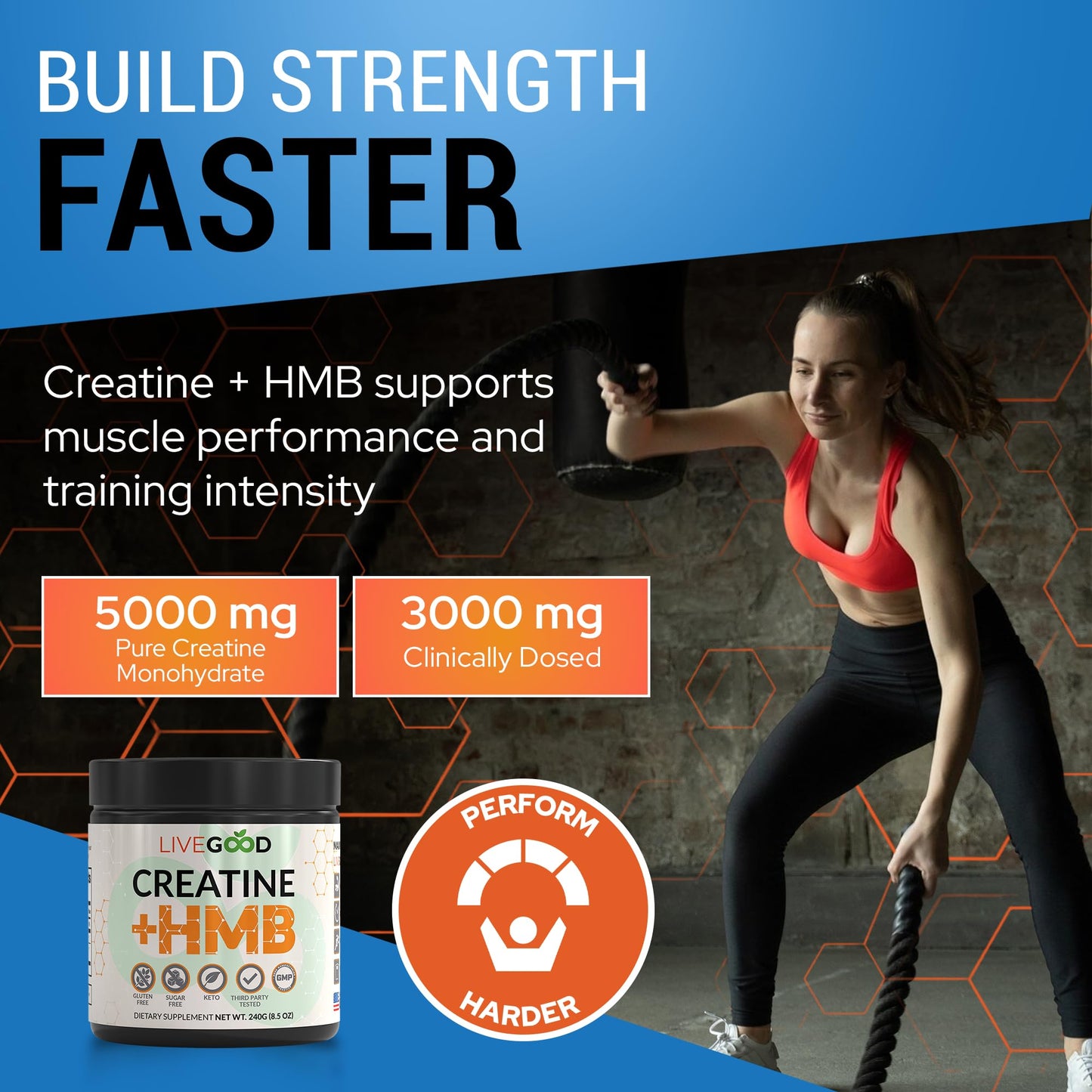 LIVEGOOD Creatine Monohydrate with HMB Powder, Unflavored, 8.5 oz