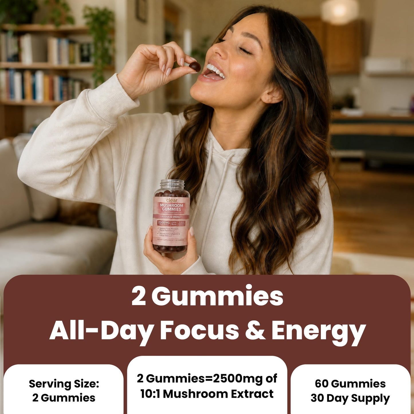 Clear Probiotics Mushroom Gummies for Focus & Energy, 60 Gummies