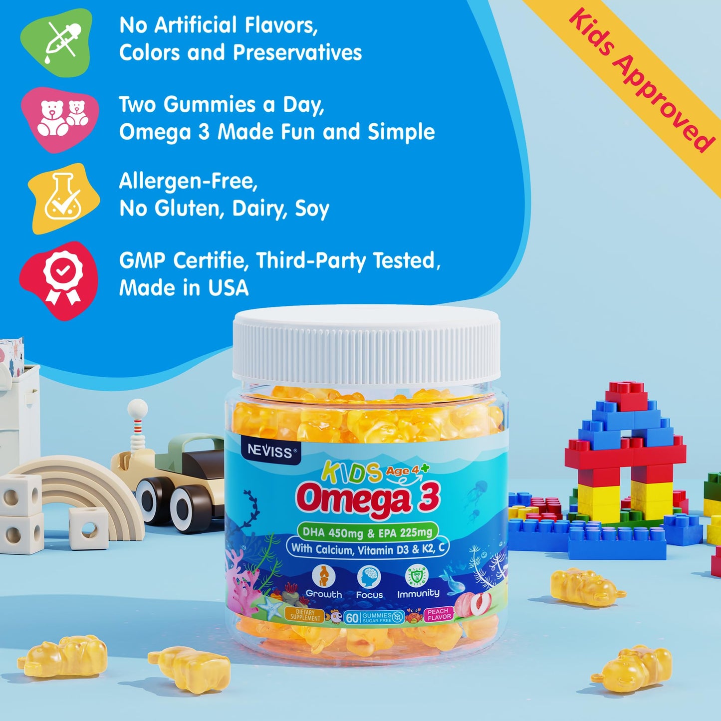 NEVISS Zinc and Magnesium Supplement with Kids Omega-3 Gummies, 240 Count