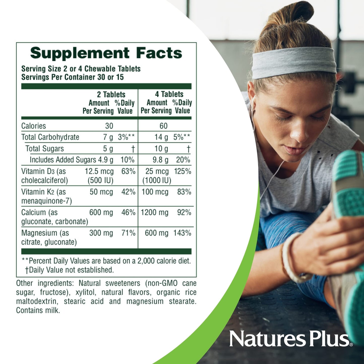 NaturesPlus Calcium/Magnesium/Vitamin D3 with Vitamin K2 Chewable Tablets, 60 Count