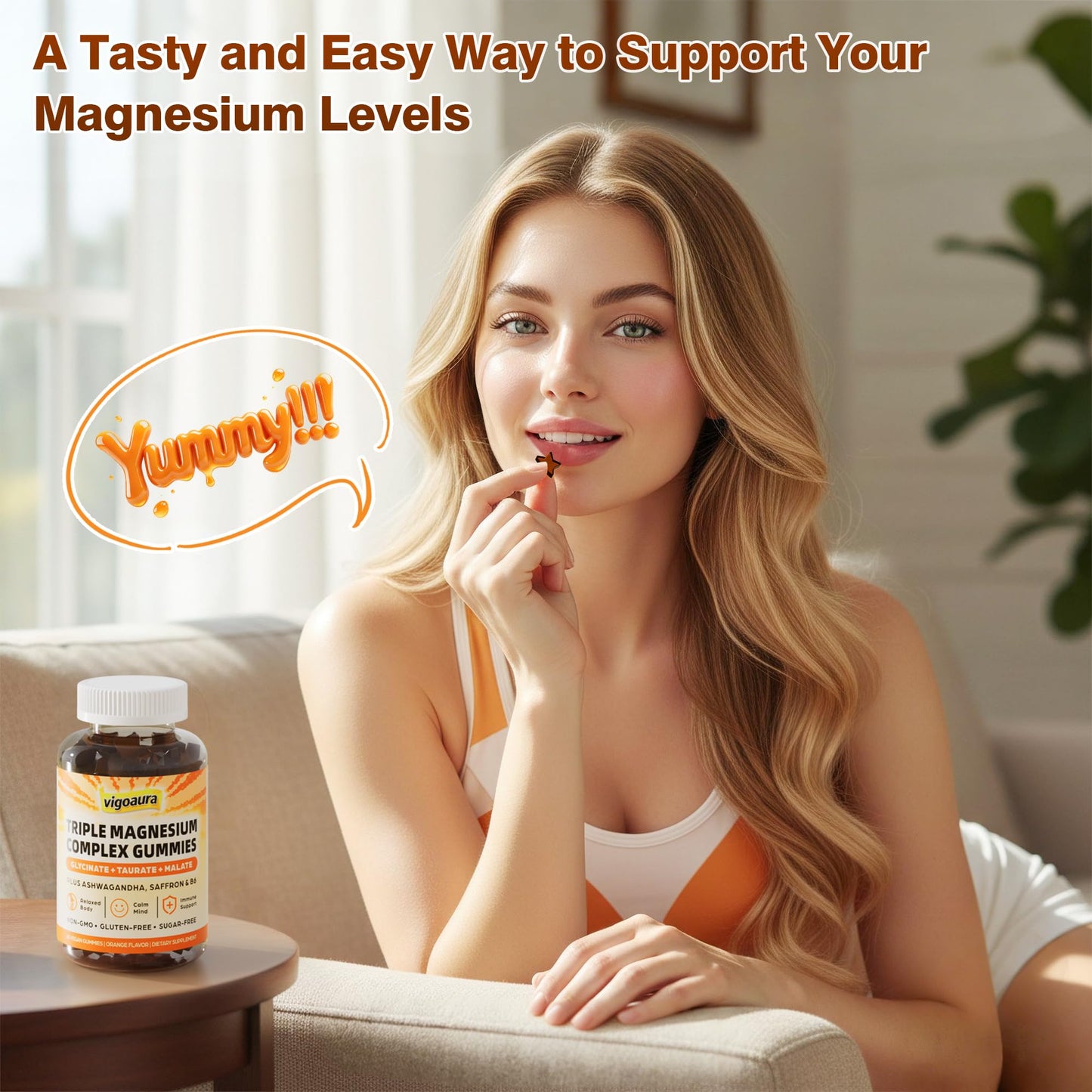 Vigoaura Magnesium Glycinate Gummies 3-in-1, 800mg Glycinate, Taurate & Malate with Ashwagandha & Saffron for Adult, Sugar Free, Vegan, 120 Chews