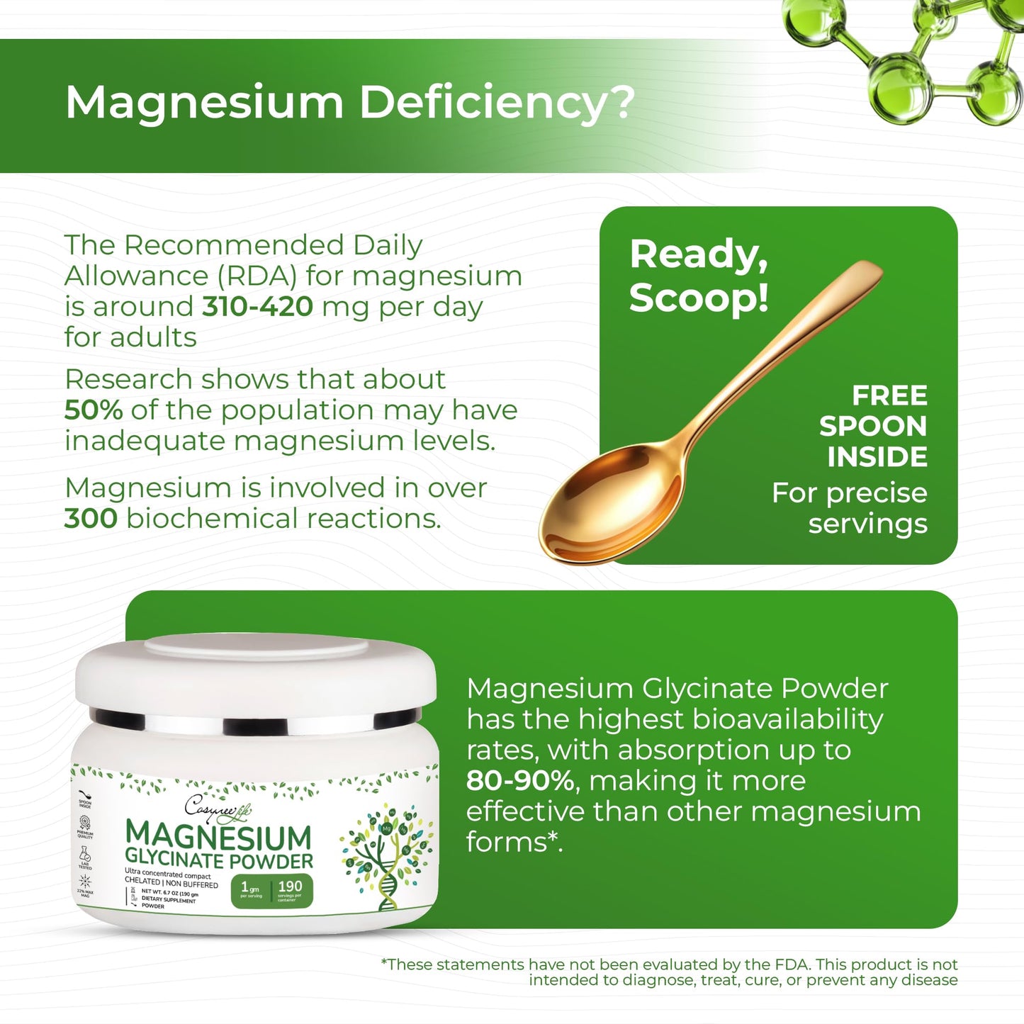 Cosynee Magnesium Glycinate Powder 220mg High Absorption Chelated Bisglycinate Magnesium, 6.7 oz