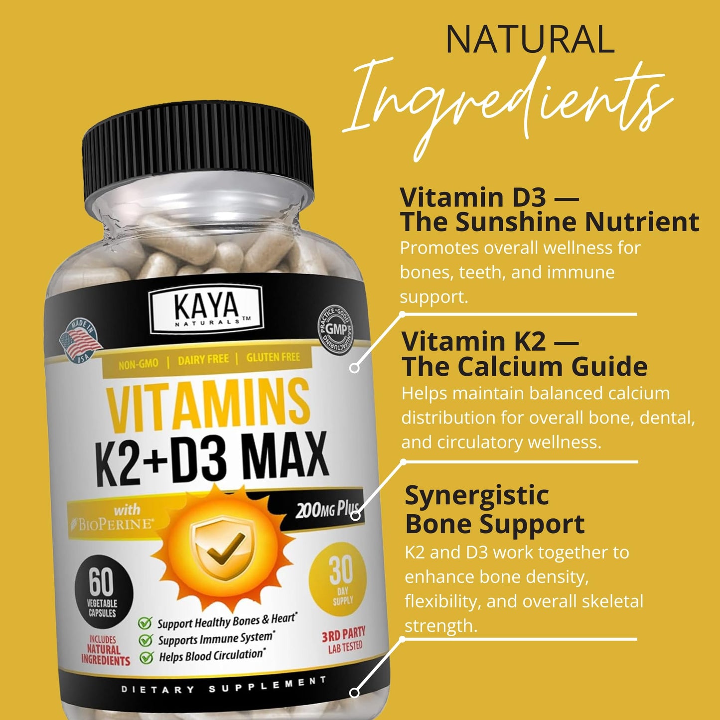 Kaya Naturals Vitamin K2 with D3 5000IU Capsule, 60 Count