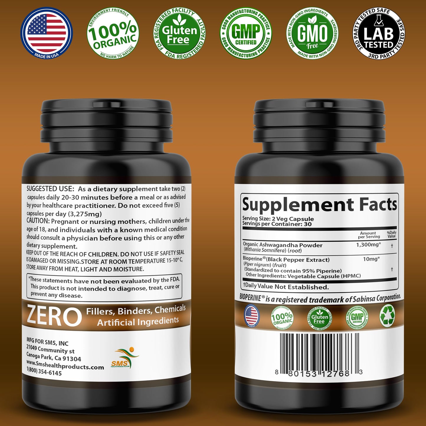 SMSHEALTHPRODUCTS.com Ashwagandha with Black Pepper Capsules 60 Capsules
