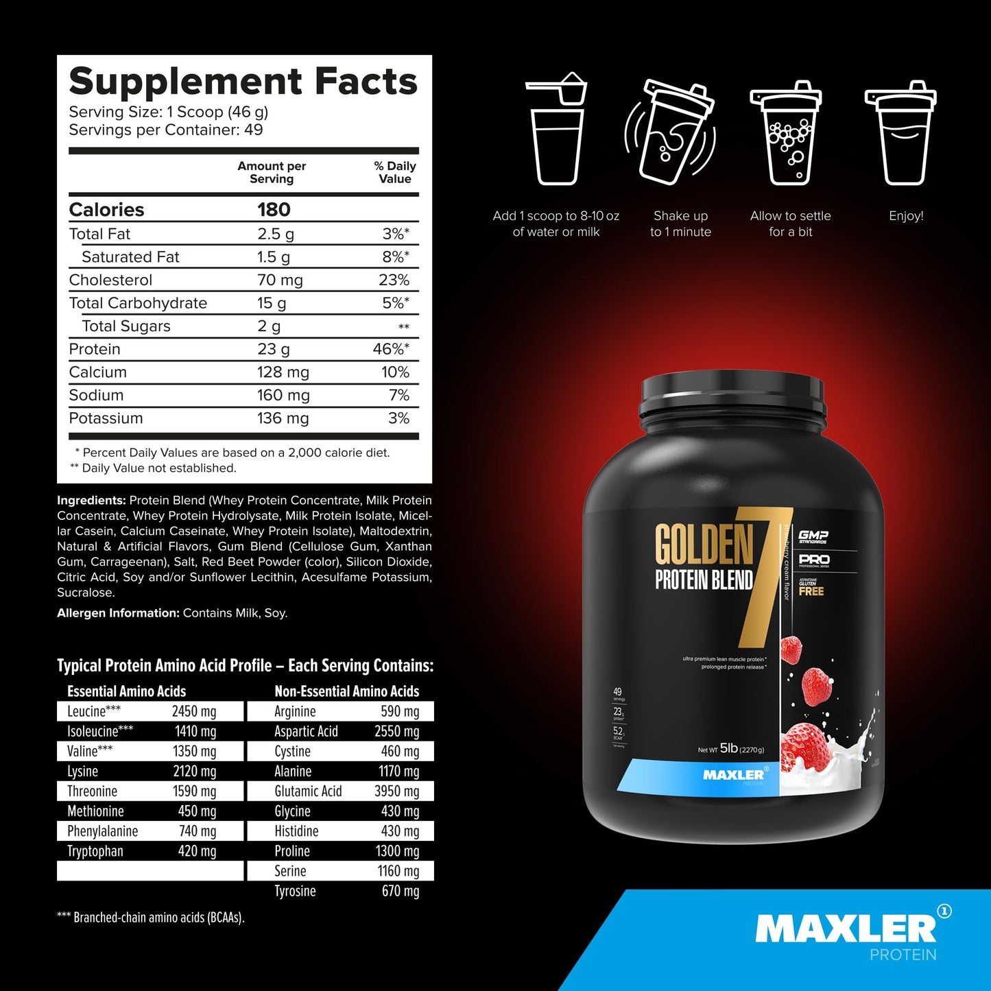 Maxler Golden 7 Protein Blend Strawberry Protein Powder, 80 Servings