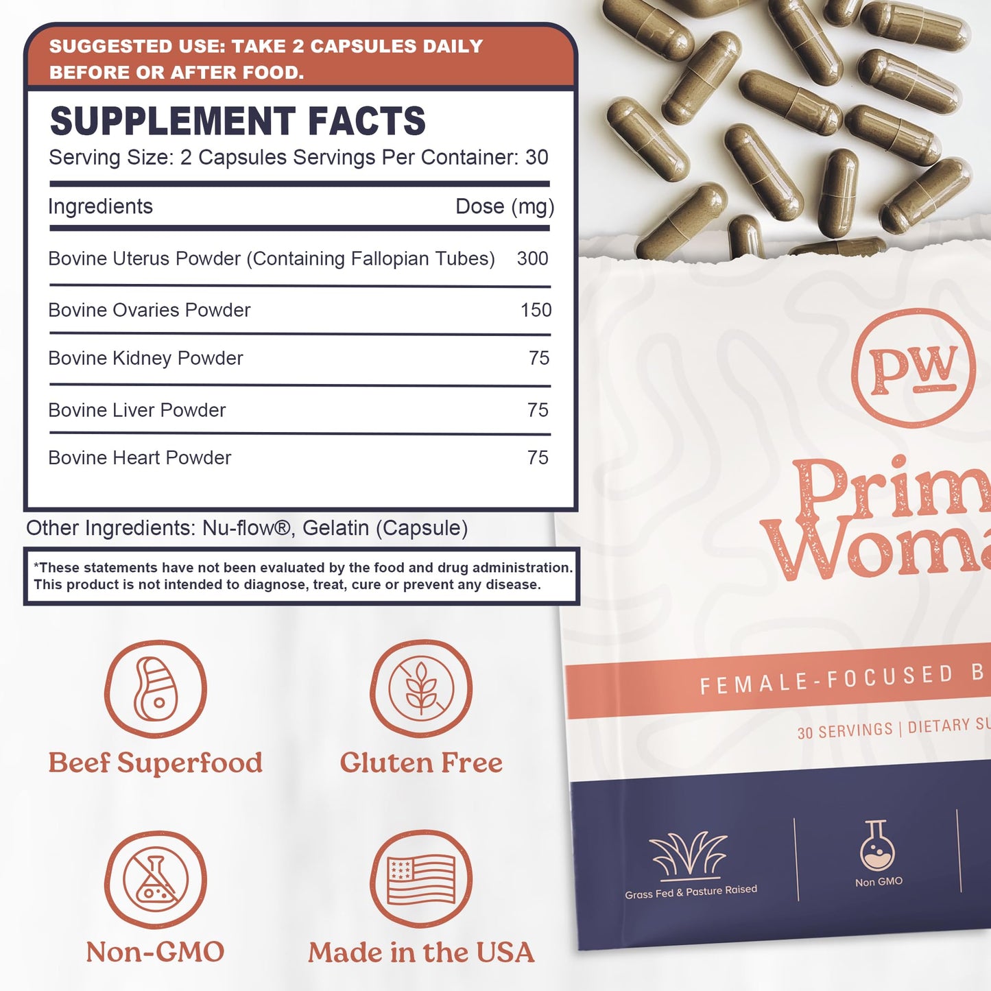 Primal Woman Beef Organ Liver Heart for Women, Grass-Fed Capsule, 60 Count