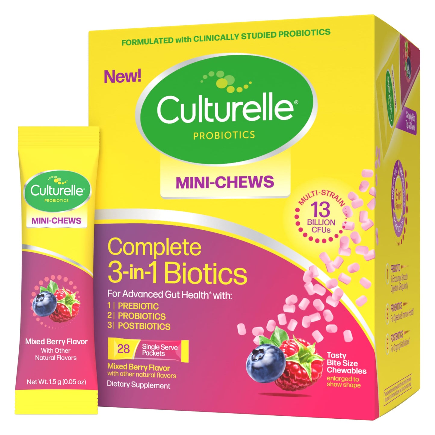 Culturelle Complete 3-in-1 Biotics Mini-Chews Daily Probiotic for Digestive Health with Prebiotics and Postbiotics for Gut Balance, Mixed Berry Flavor Chewable 28 Count