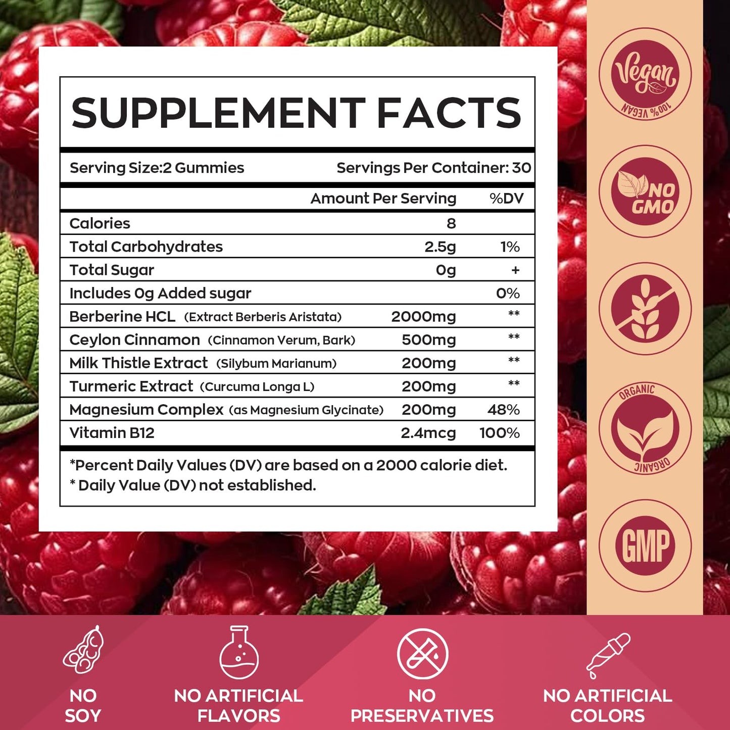 Yidout Berberine HCL 2000mg Gummies Raspberry, 60 Count