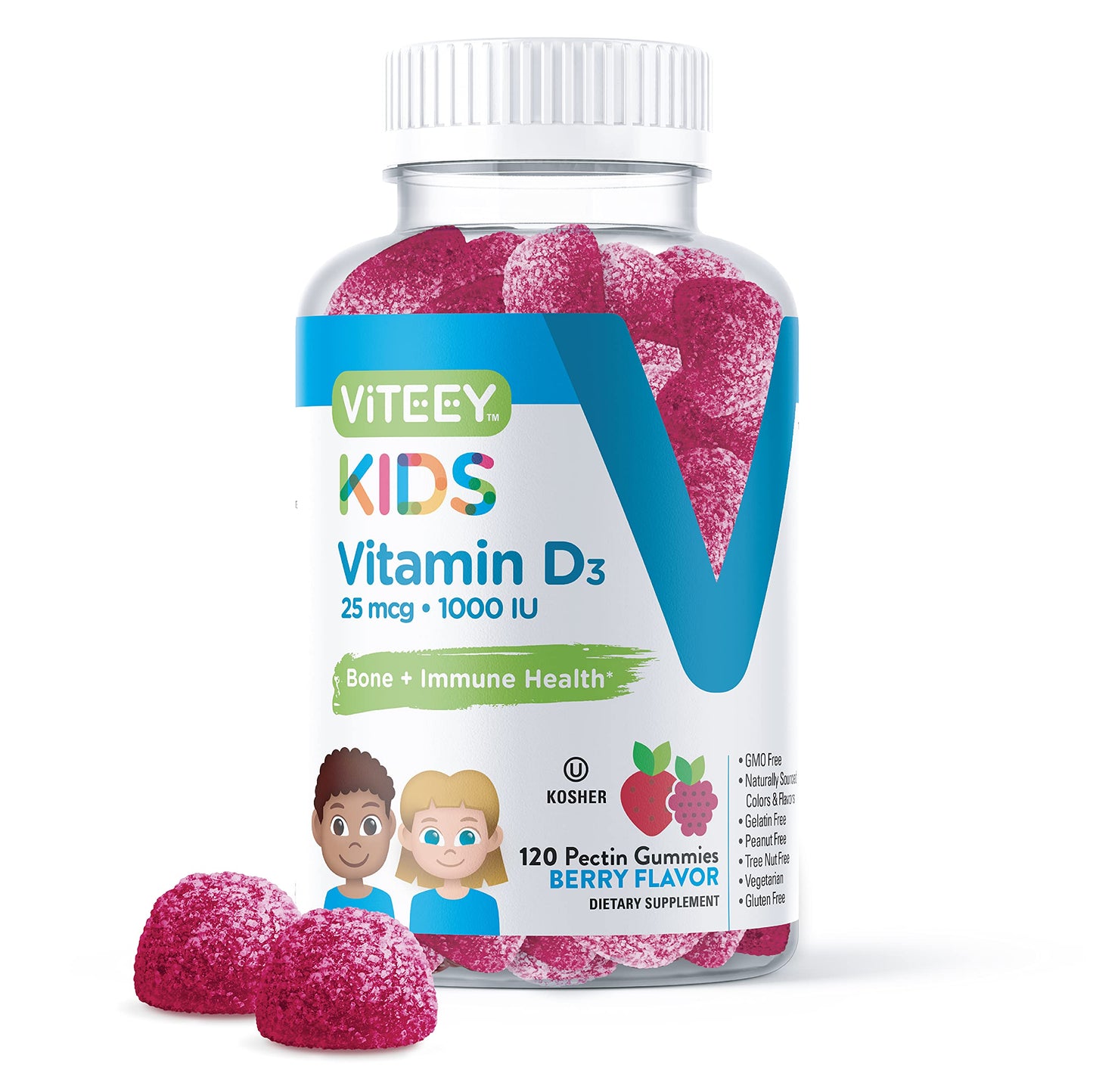 Viteey Vitamin D3 Kids Gummies Berry Flavored 25mcg 1000 IU 120 Count