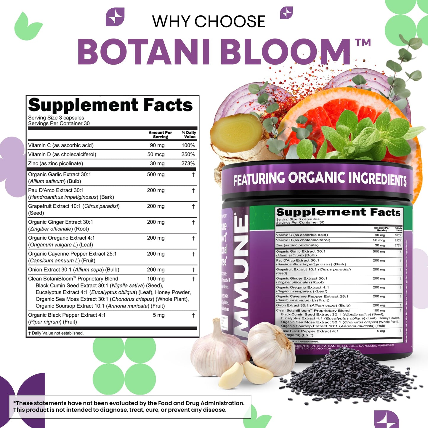 Clean Nutraceuticals Garlic Ginger Oil of Oregano Cayenne Pepper Grapefruit Soursop Black Cumin Sea Moss Black Pepper Vitamin C and Zinc VIT C Detox Gut Health Black Seed Cleanse 90 Capsules