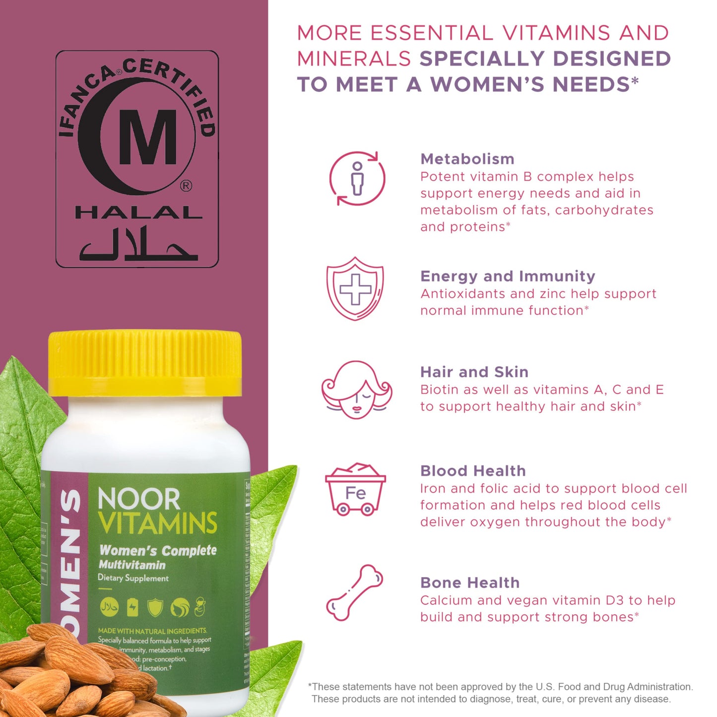 Noor Vitamins Halal Women's Multivitamin & Mineral Once Daily Vitamin Supplement Capsule, 60 Count