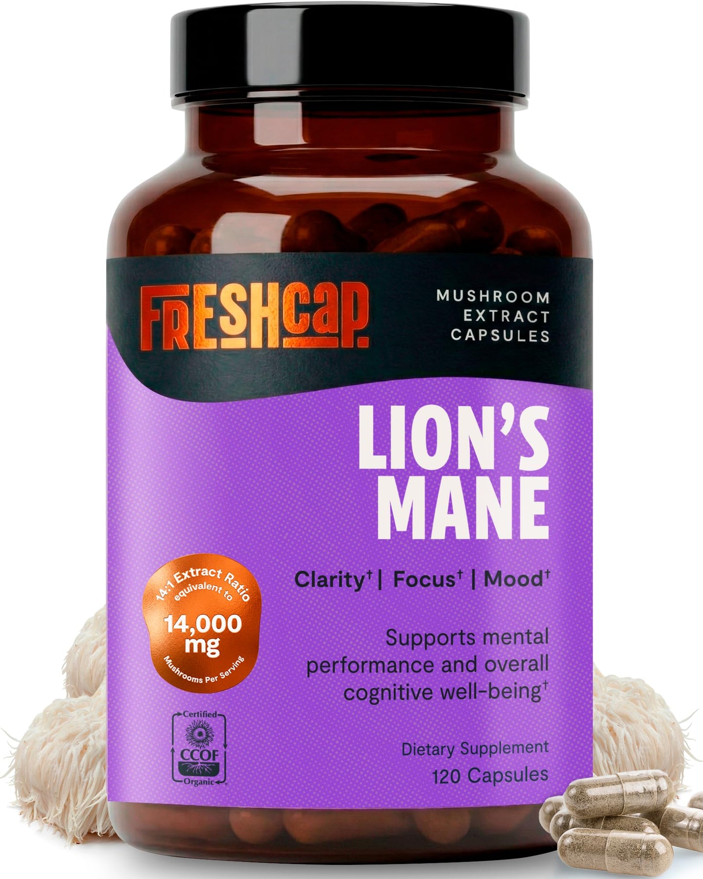FreshCap Mushrooms Premium Organic Lions Mane Capsules 14:1 Fruiting Body Extract with 31% Beta-Glucans, 120 Capsules