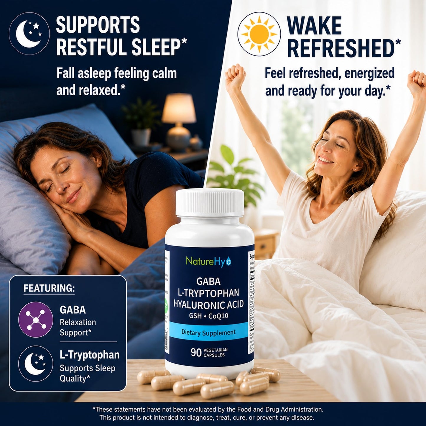 NatureHya GABA 600mg & L-Tryptophan 180mg Sleep Aid Supplement Capsule 90 Count