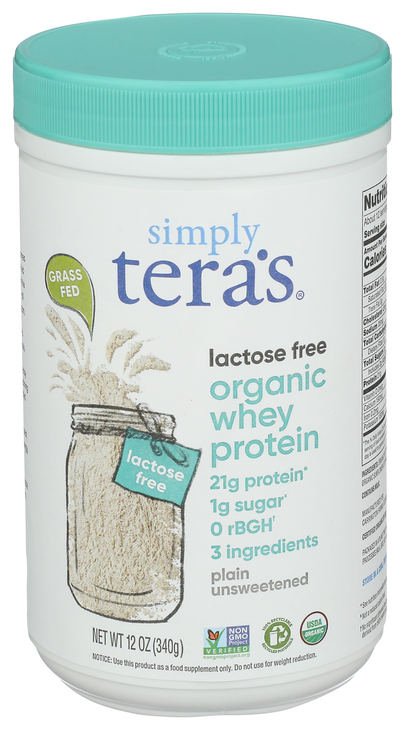Simply Tera's Whey Protein Powder Plain Lactose Free Organic, 12 Ounce