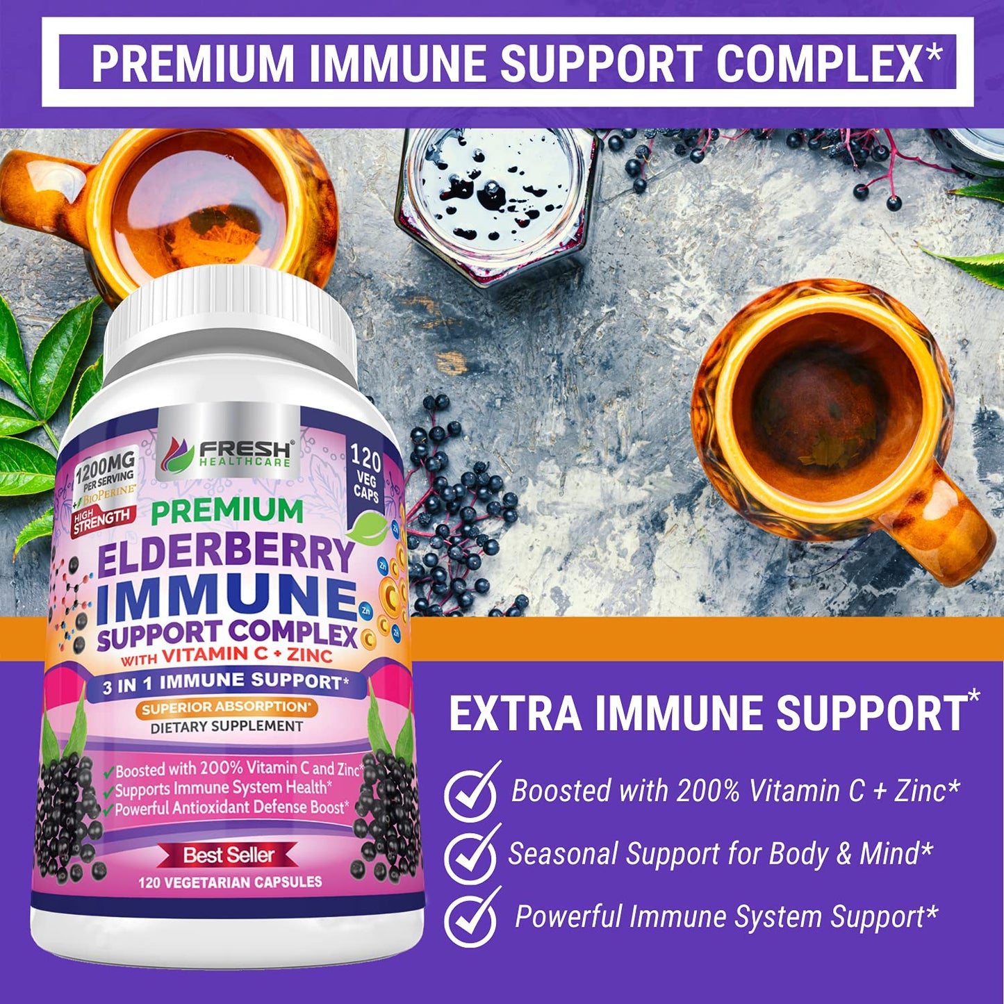 FRESH HEALTHCARE Elderberry Capsules High Potency Black Elderberry with Zinc & Vitamin C, 120 Capsules