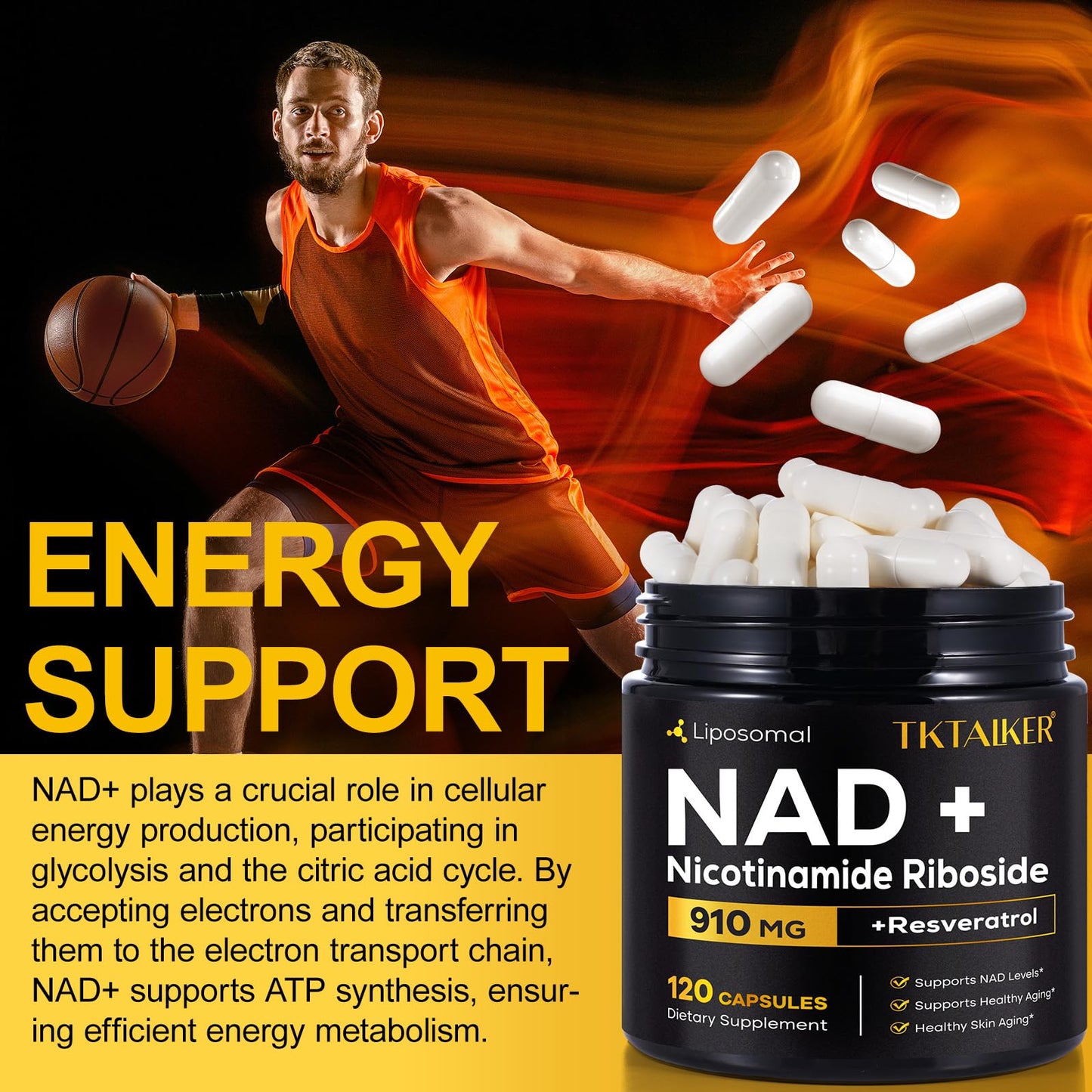 TKTALKER NAD Supplement 910mg Liposomal Nicotinamide Riboside with Resveratrol & Quercetin, 120 Capsules