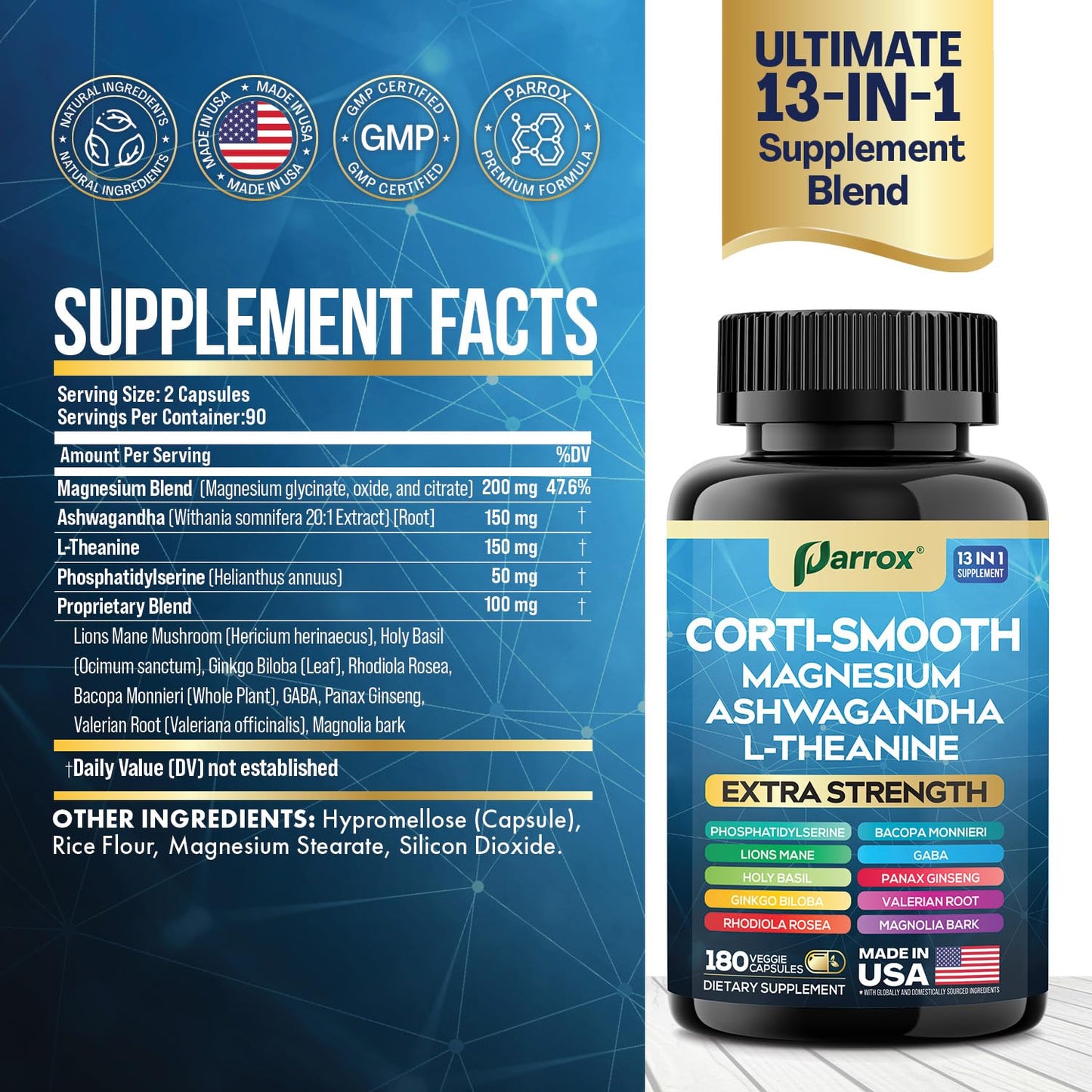 Parrox Cortisol Supplement, 11-in-1 Magnesium & Ashwagandha, Corti-Smooth Capsule, 180 Count