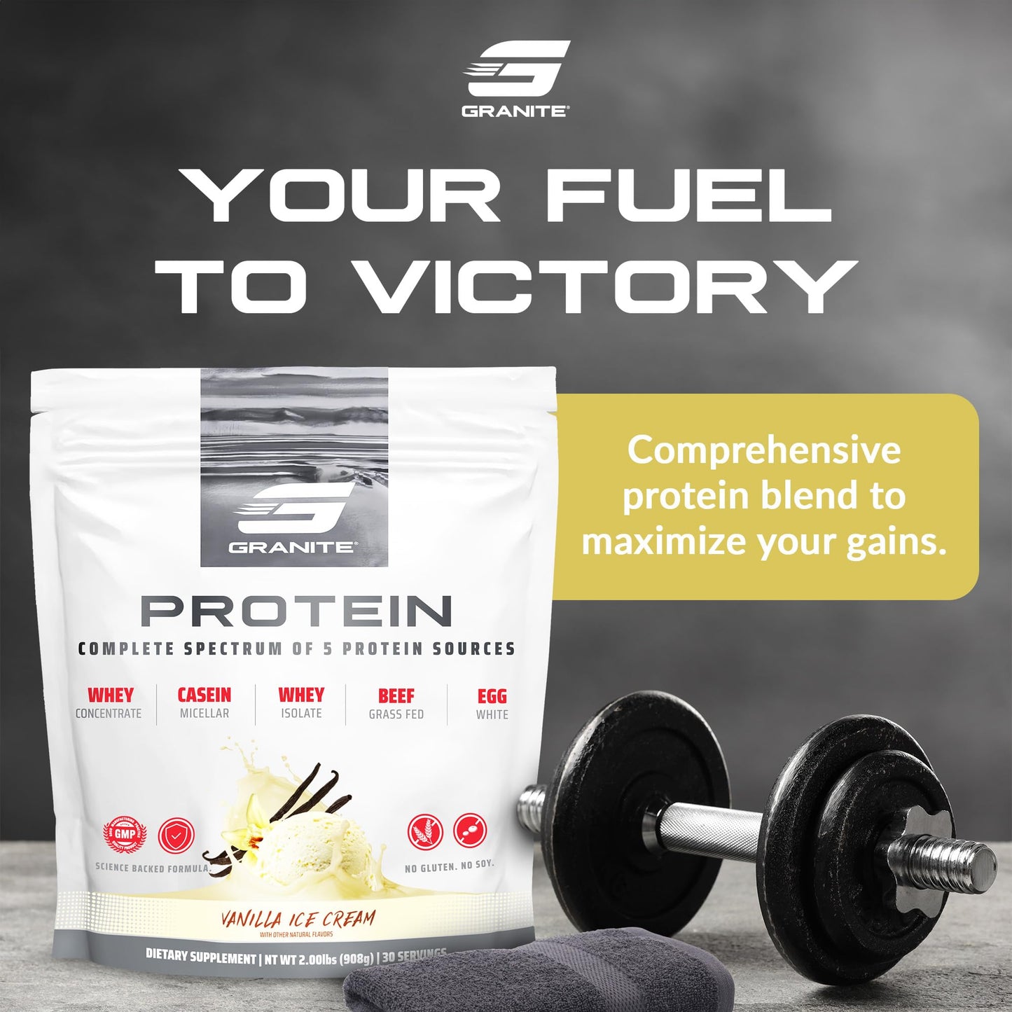 Granite Supplements Protein Powder - Premium 5-Source Blend (Whey, Casein, Egg, Grass-Fed Beef) Vanilla Ice Cream, Powder, 6 x 5.41 oz