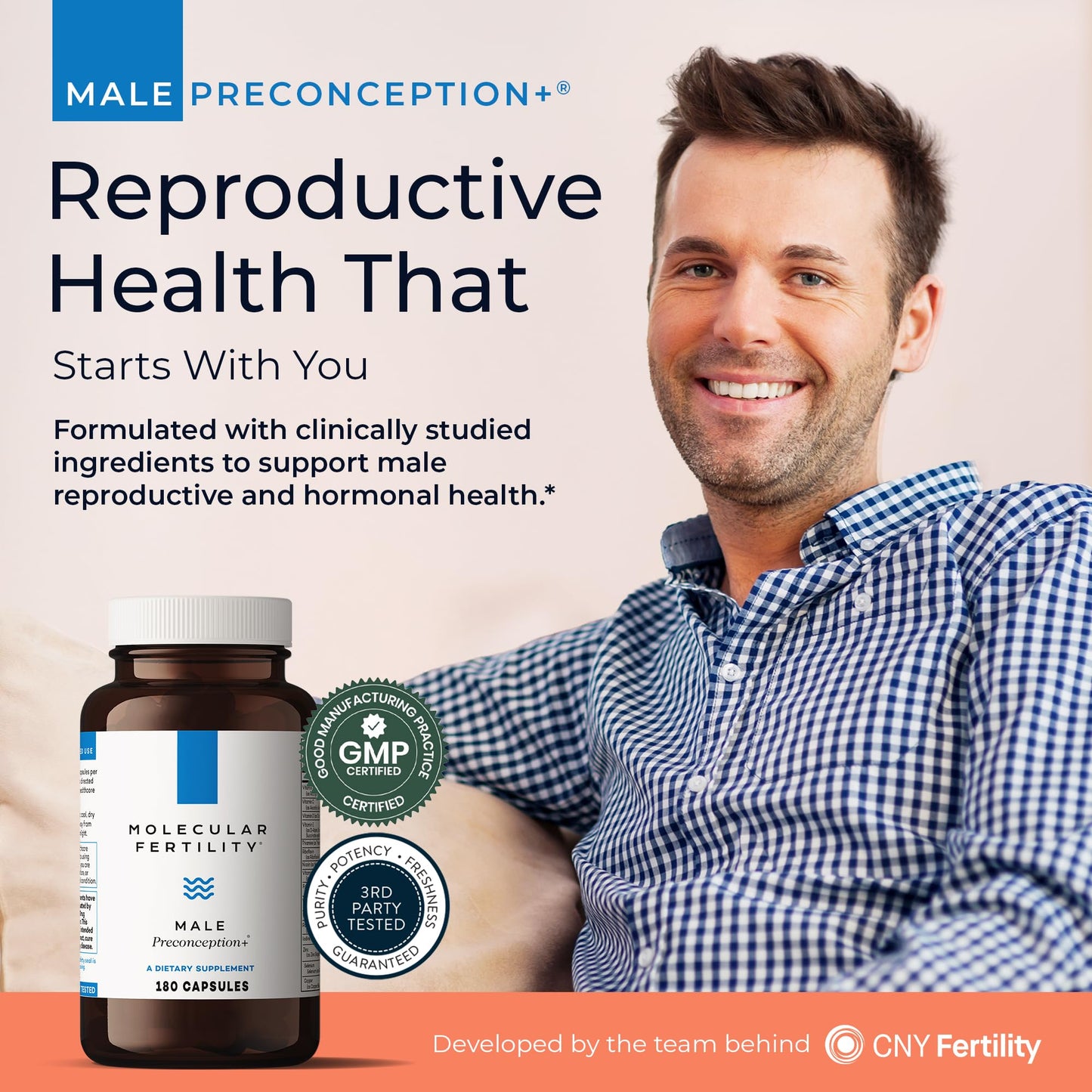 Molecular Fertility Male Preconception+ Fertility Supplements for Men - Reproductive Cell & Fertility Support - Conception for Him - CoQ10, Ashwagandha, Shilajit, DAA, Zinc, Selenium - 180 Capsules