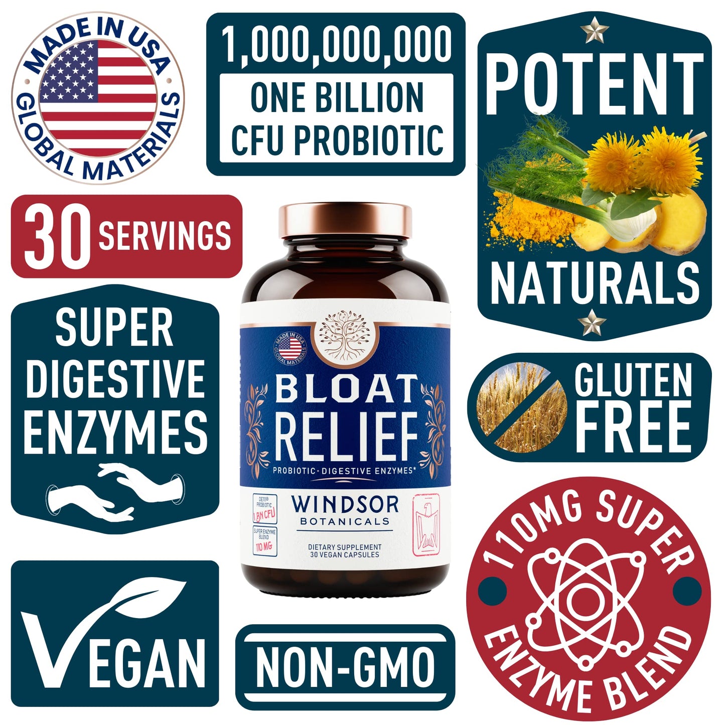Windsor Botanicals Bloat Relief Probiotic and Digestive Enzymes Capsules 30