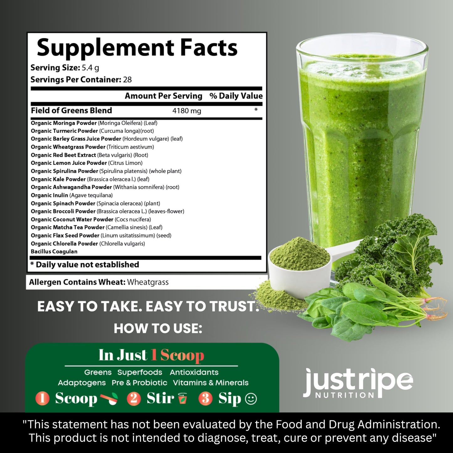 Just Ripe Nutrition Field of Greens Powder with Organic Spirulina, Chlorella, Beet Root Powder, Bacillus Coagulans Probiotic, Plant-Based Immunity Support, Unflavored, 5.3 Ounce