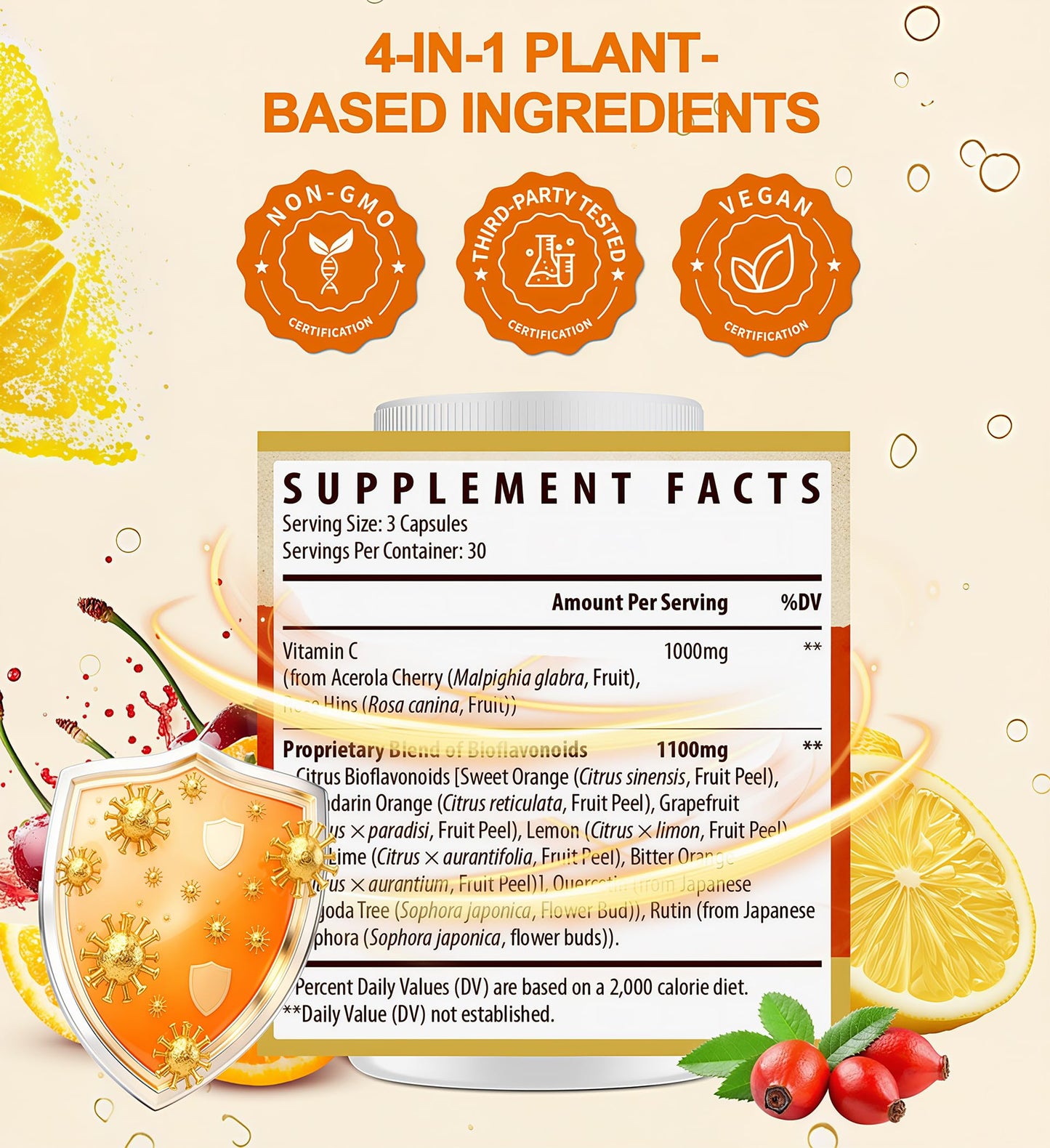 Kynderynl Vitamin C with Bioflavonoids Supplement for Immunity & Antioxidant & Skin - Blend of VIT C 1000mg and Citrus Bioflavonoids 1100mg, Non-Acidic Acerola Cherry Vitamin C, Vegan, 90 Capsules