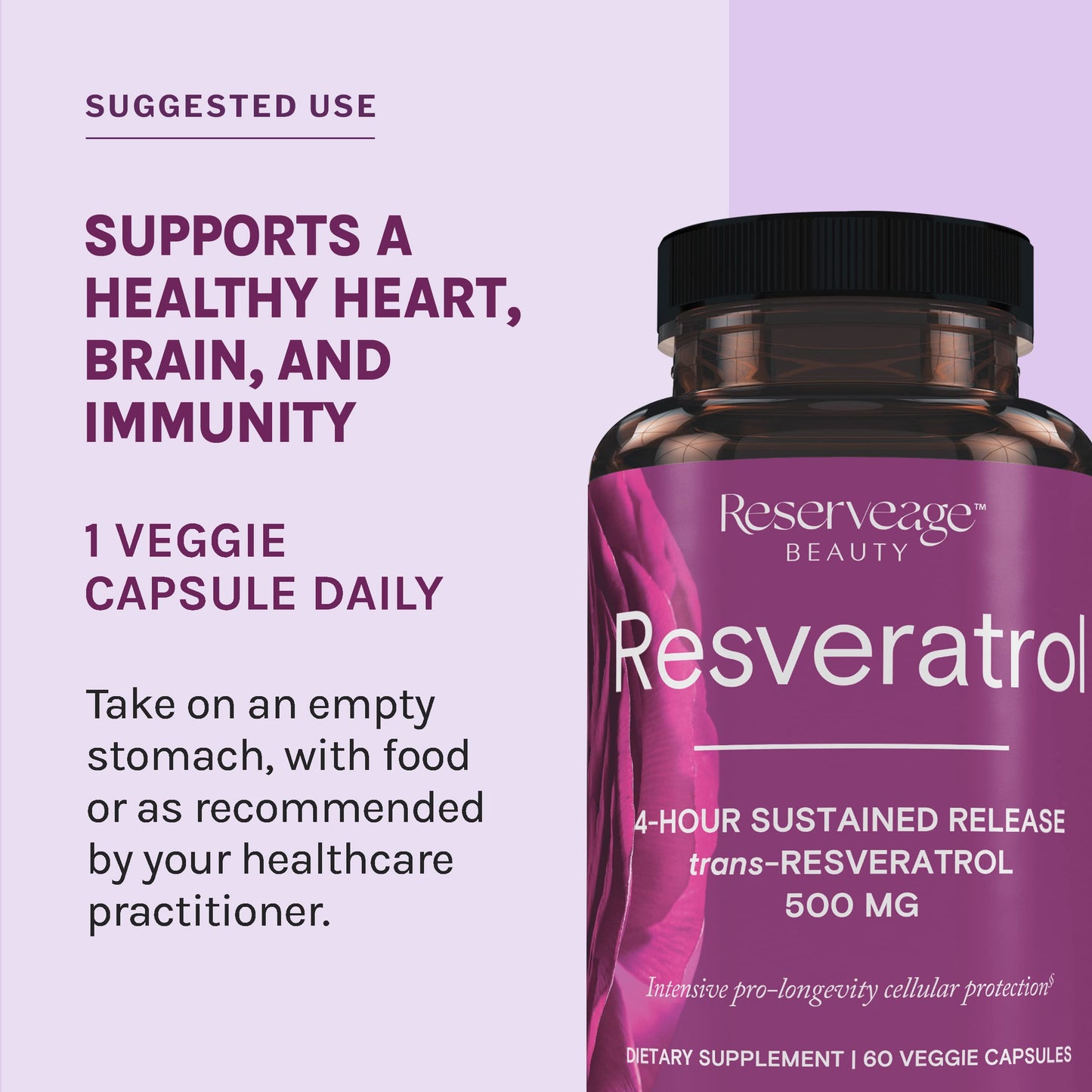 Reserveage Nutrition Resveratrol 500 mg Trans-Resveratrol Antioxidant Supplement Capsule 120 Count