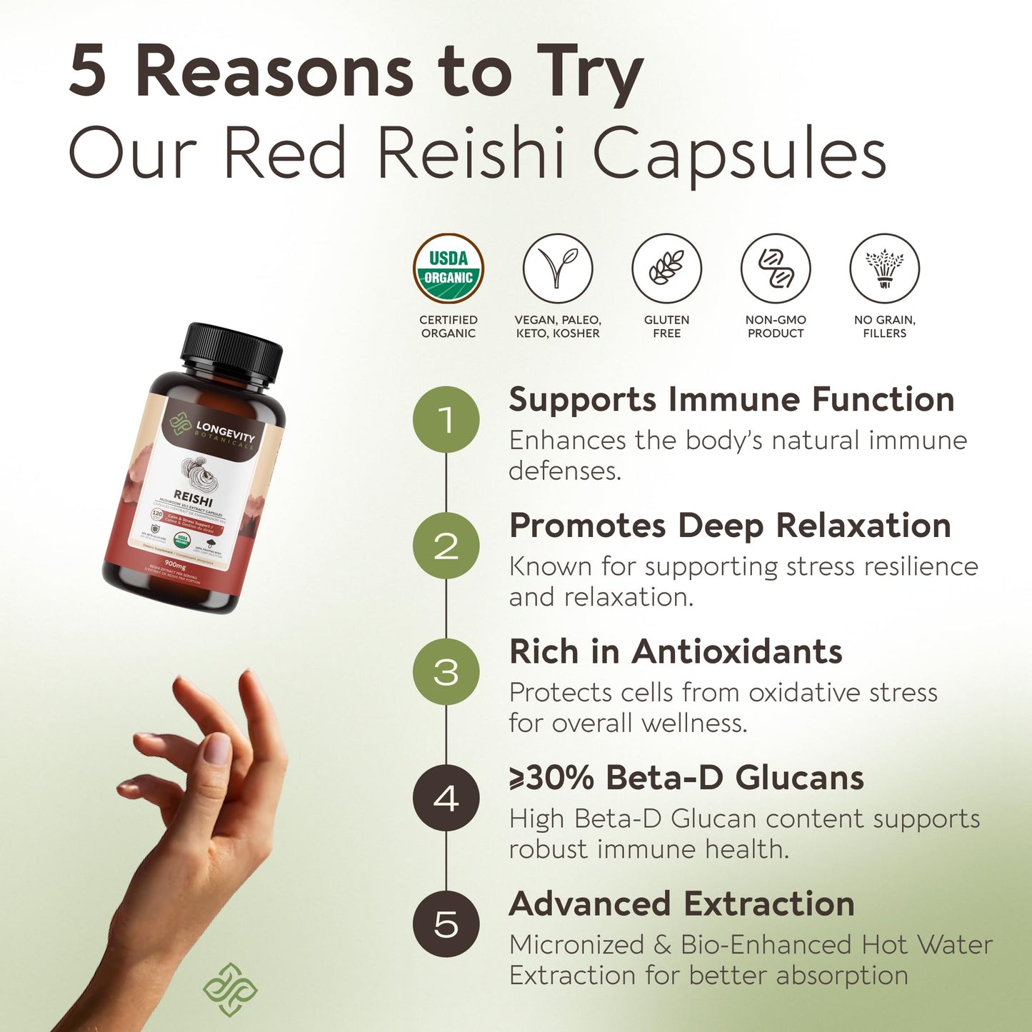 Longevity Botanicals Organic Reishi Mushroom Capsules, 120 Count