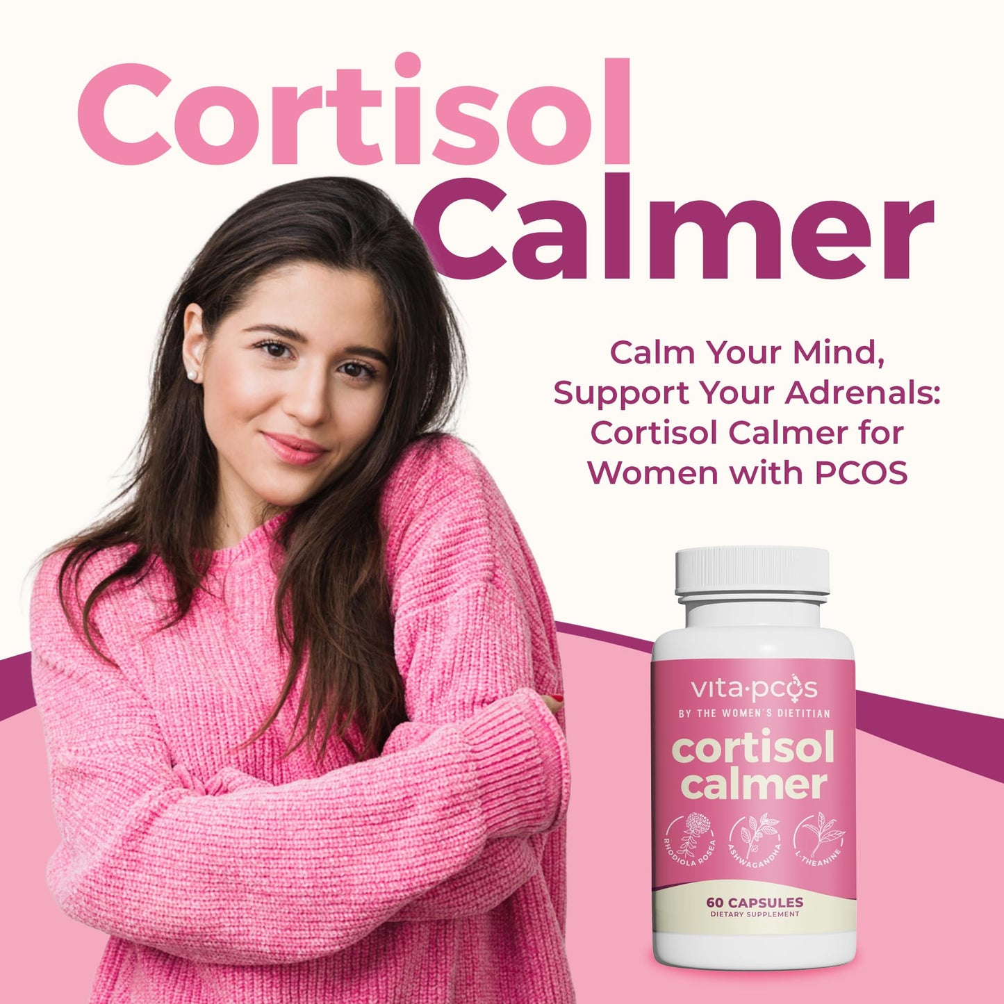 VITA-PCOS Cortisol Supplements for Women - Ashwagandha & Rhodiola Rosea Capsule, 1 Count