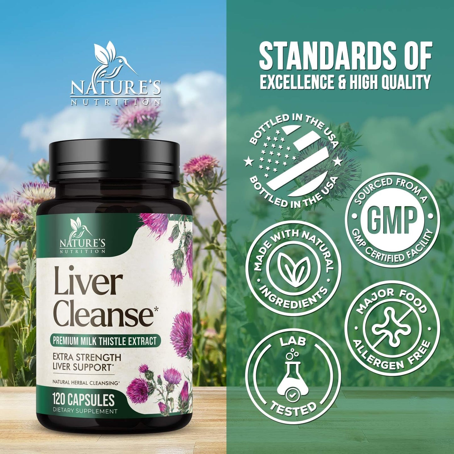 Nature's Nutrition Gentle Liver Cleanse Detox & Repair Formula - Herbal Liver Supplement - Milk Thistle with Silymarin, Artichoke Extract, Dandelion, Beet Root, Chicory & Turmeric to Support Liver Health 120 Capsules